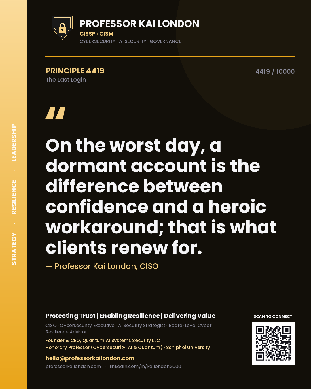 Quote card by Professor Kai London reading 'On the worst day, a dormant account is the difference between confidence and a heroic workaround; that is what clients renew for.'. From the book The Last Login.
