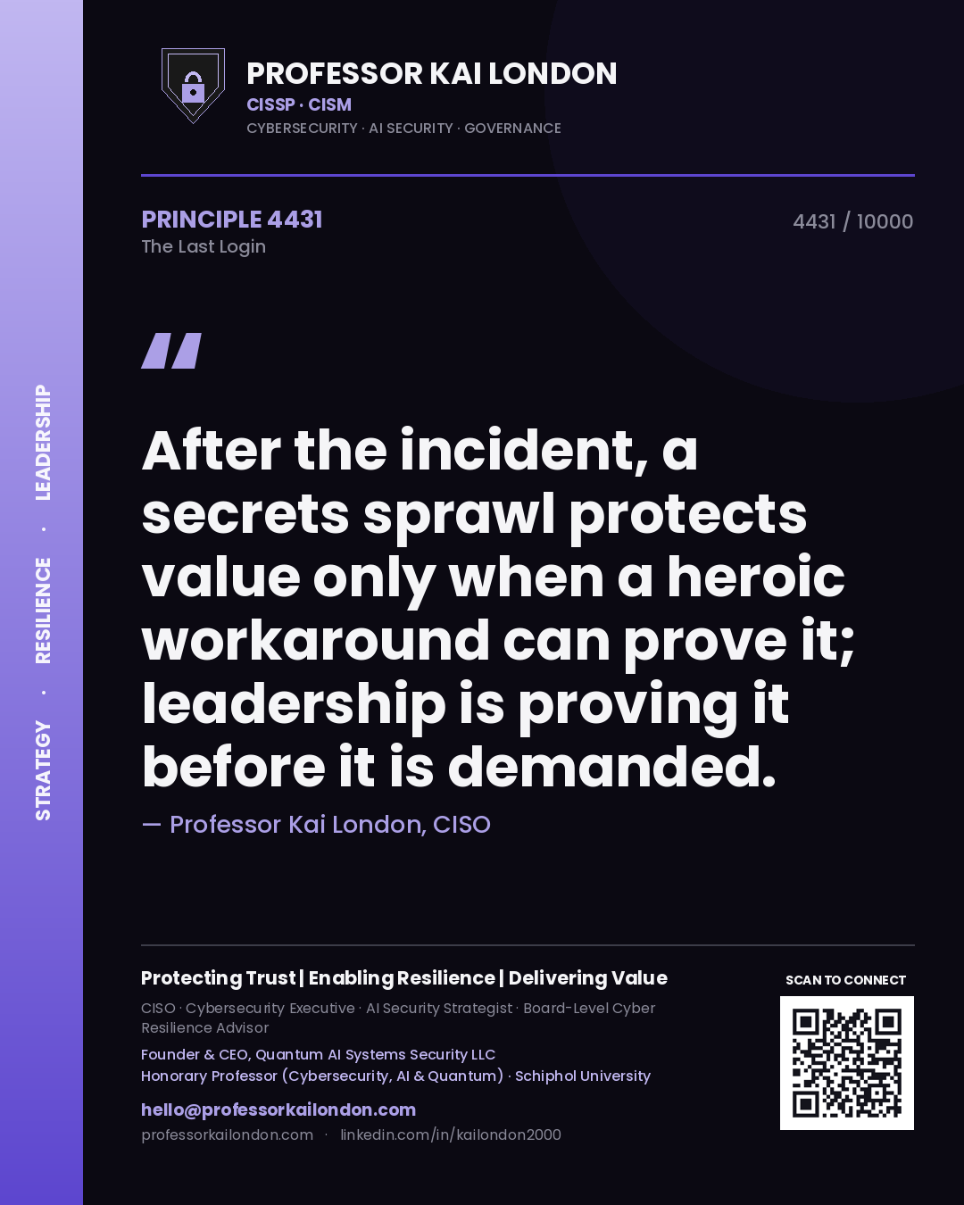 Professor Kai London principle 4431: After the incident, a secrets sprawl protects value only when a heroic workaround can prove it; leadership is proving it before it is demanded.