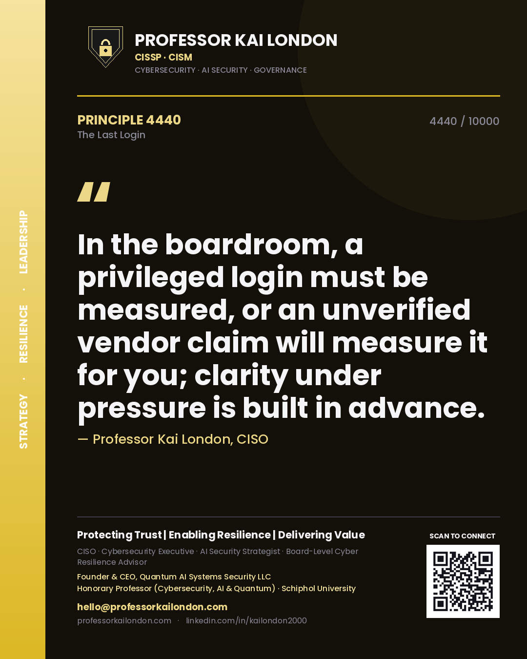 Professor Kai London principle 4440: In the boardroom, a privileged login must be measured, or an unverified vendor claim will measure it for you; clarity under pressure is built in advance.