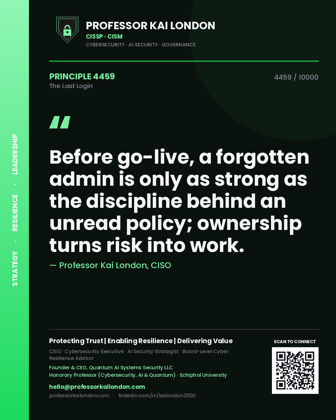 Quote card by Professor Kai London reading 'Before go-live, a forgotten admin is only as strong as the discipline behind an unread policy; ownership turns risk into work.'. From the book The Last Login.