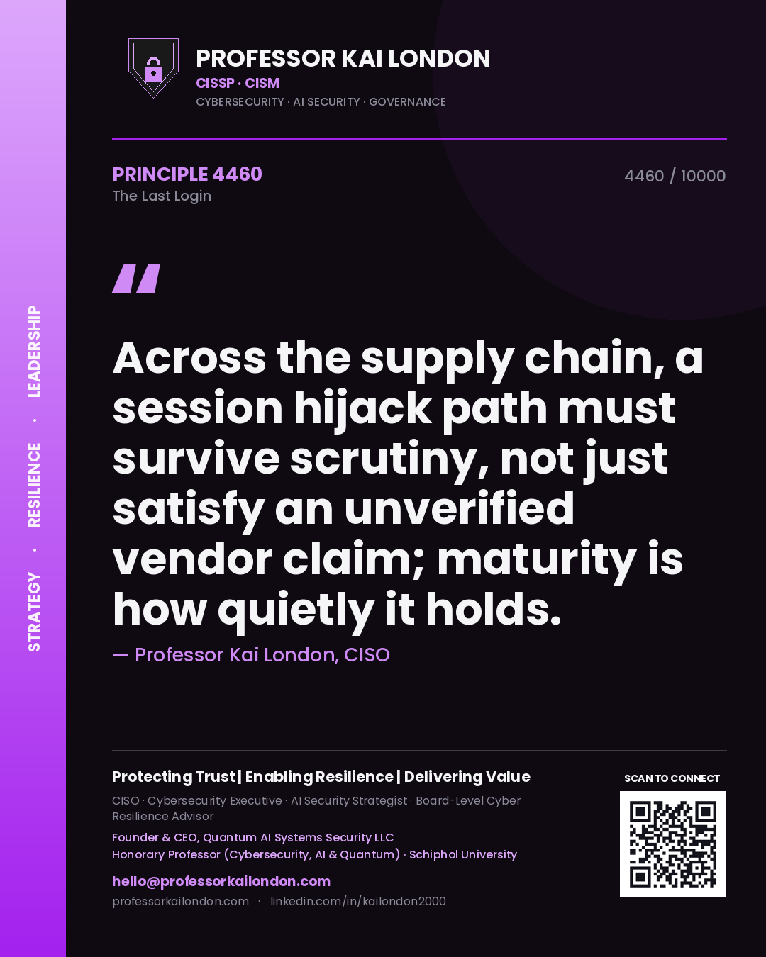 Quote card by Professor Kai London reading 'Across the supply chain, a session hijack path must survive scrutiny, not just satisfy an unverified vendor claim; maturity is how quietly it holds.'. From the book The Last Login.