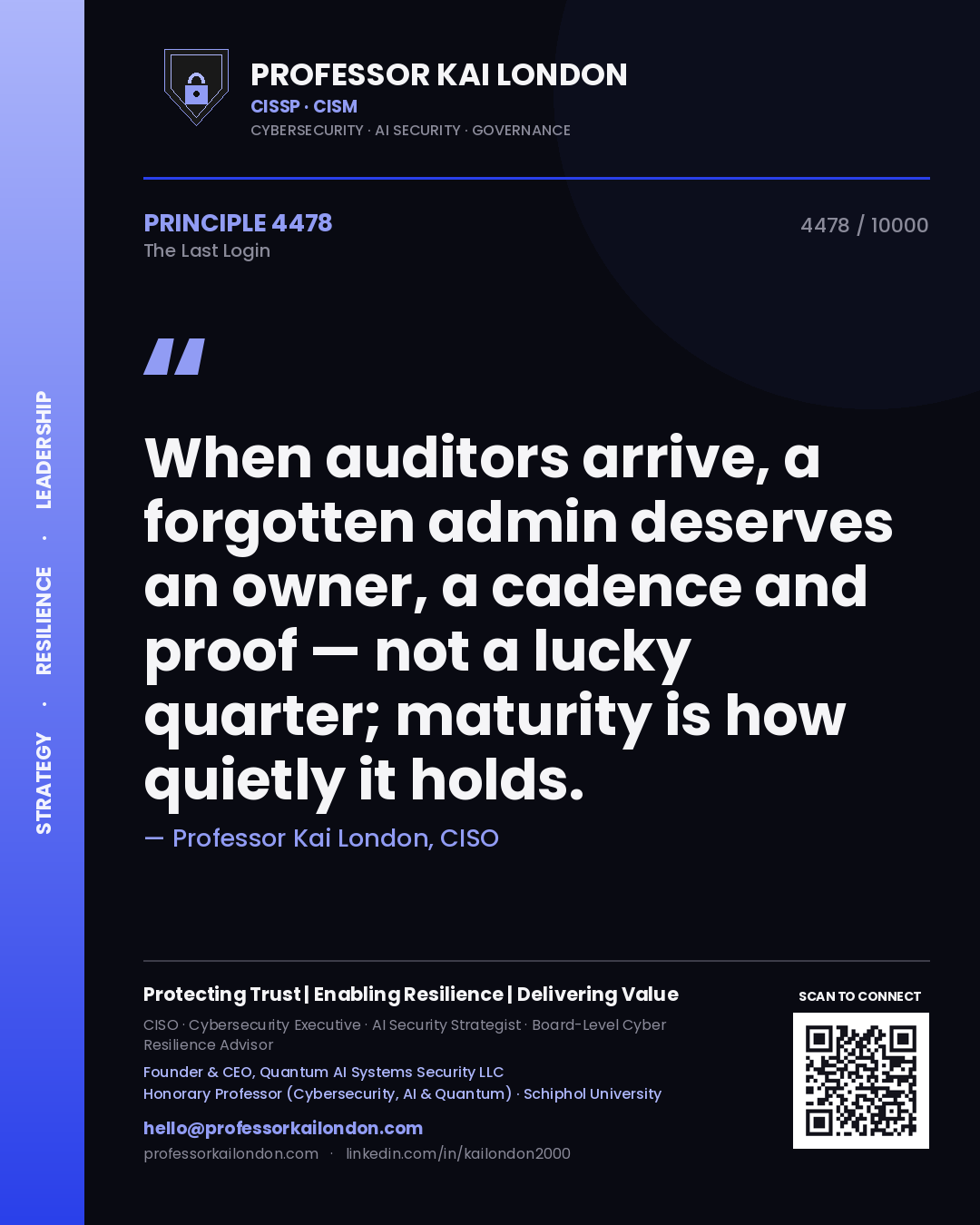 Quote card by Professor Kai London reading 'When auditors arrive, a forgotten admin deserves an owner, a cadence and proof — not a lucky quarter; maturity is how quietly it holds.'. From the book The Last Login.