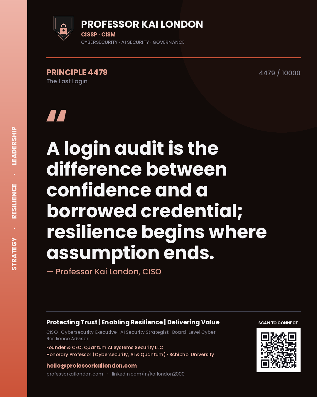 Quote card by Professor Kai London reading 'A login audit is the difference between confidence and a borrowed credential; resilience begins where assumption ends.'. From the book The Last Login.