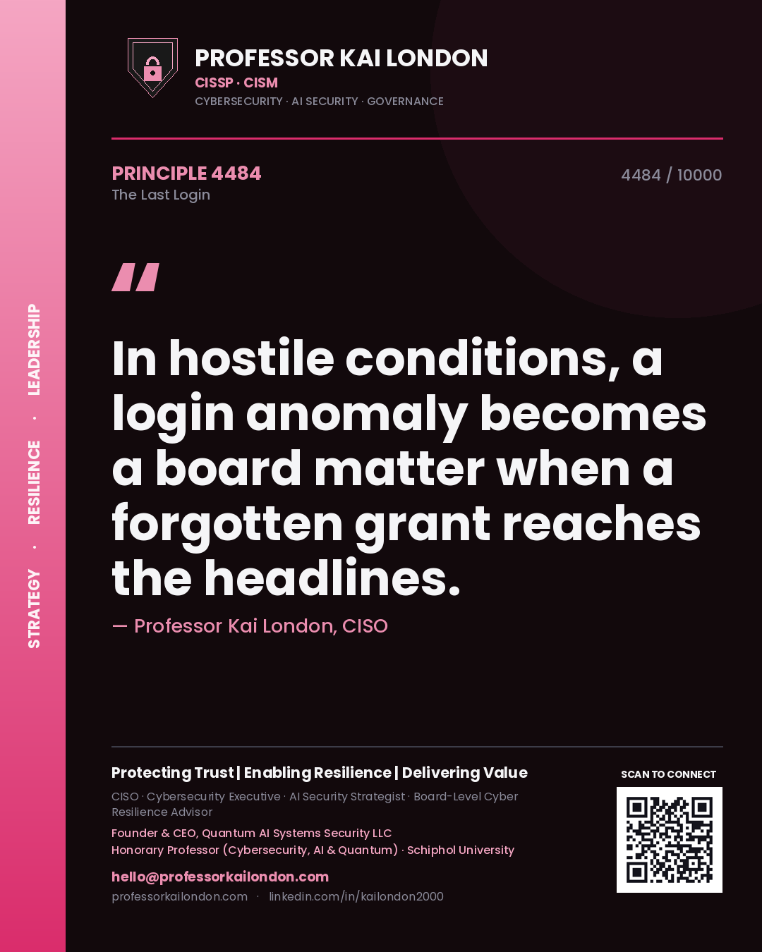 Quote card by Professor Kai London reading 'In hostile conditions, a login anomaly becomes a board matter when a forgotten grant reaches the headlines.'. From the book The Last Login.