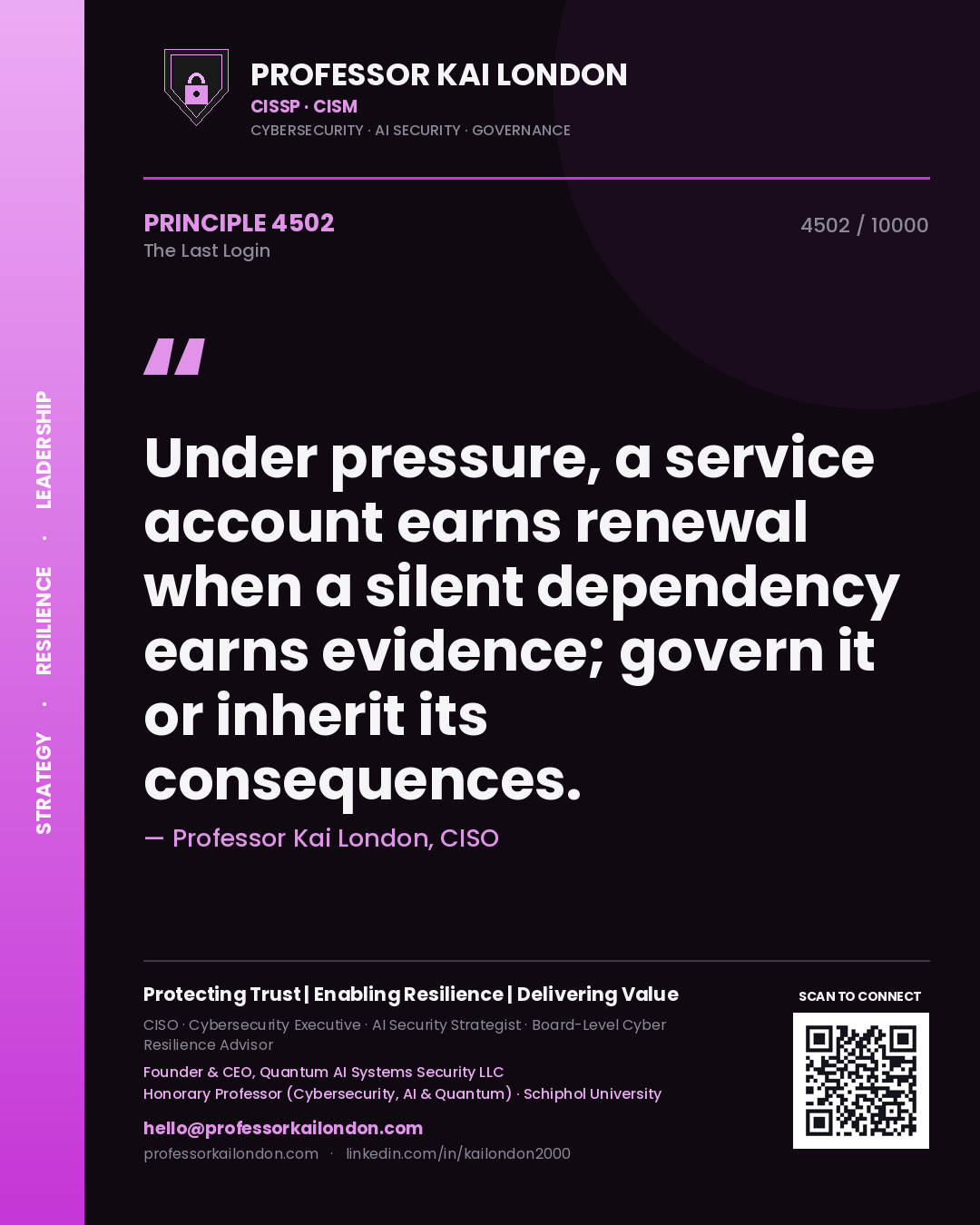 Professor Kai London principle 4502: Under pressure, a service account earns renewal when a silent dependency earns evidence; govern it or inherit its consequences.