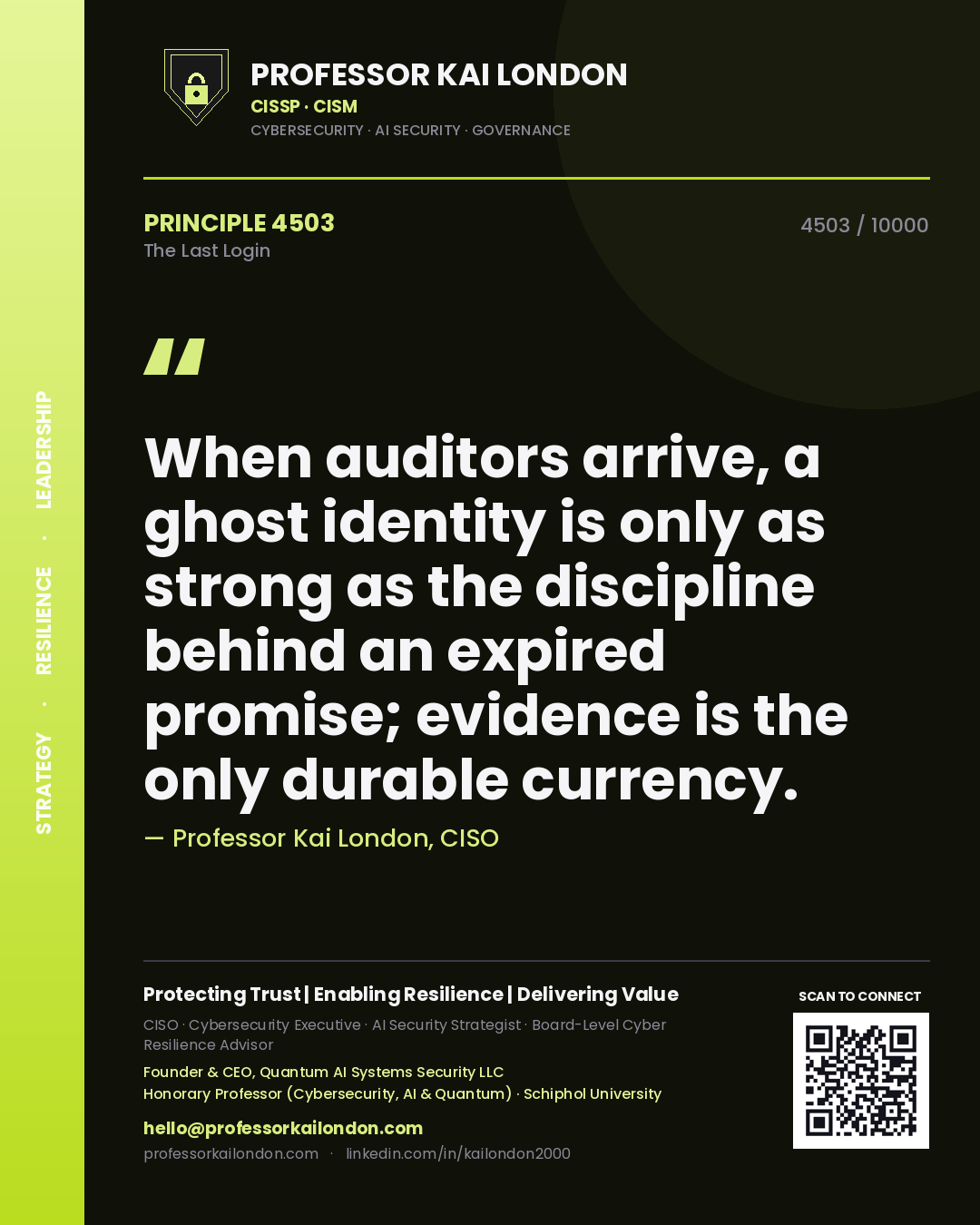 Professor Kai London principle 4503: When auditors arrive, a ghost identity is only as strong as the discipline behind an expired promise; evidence is the only durable currency.