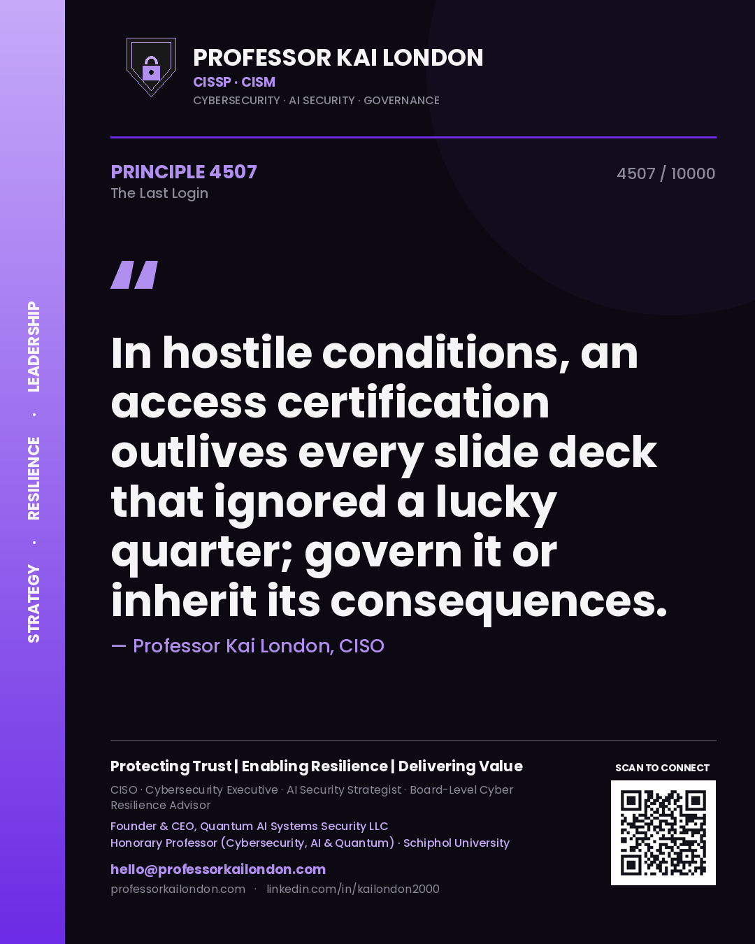 Professor Kai London principle 4507: In hostile conditions, an access certification outlives every slide deck that ignored a lucky quarter; govern it or inherit its consequences.