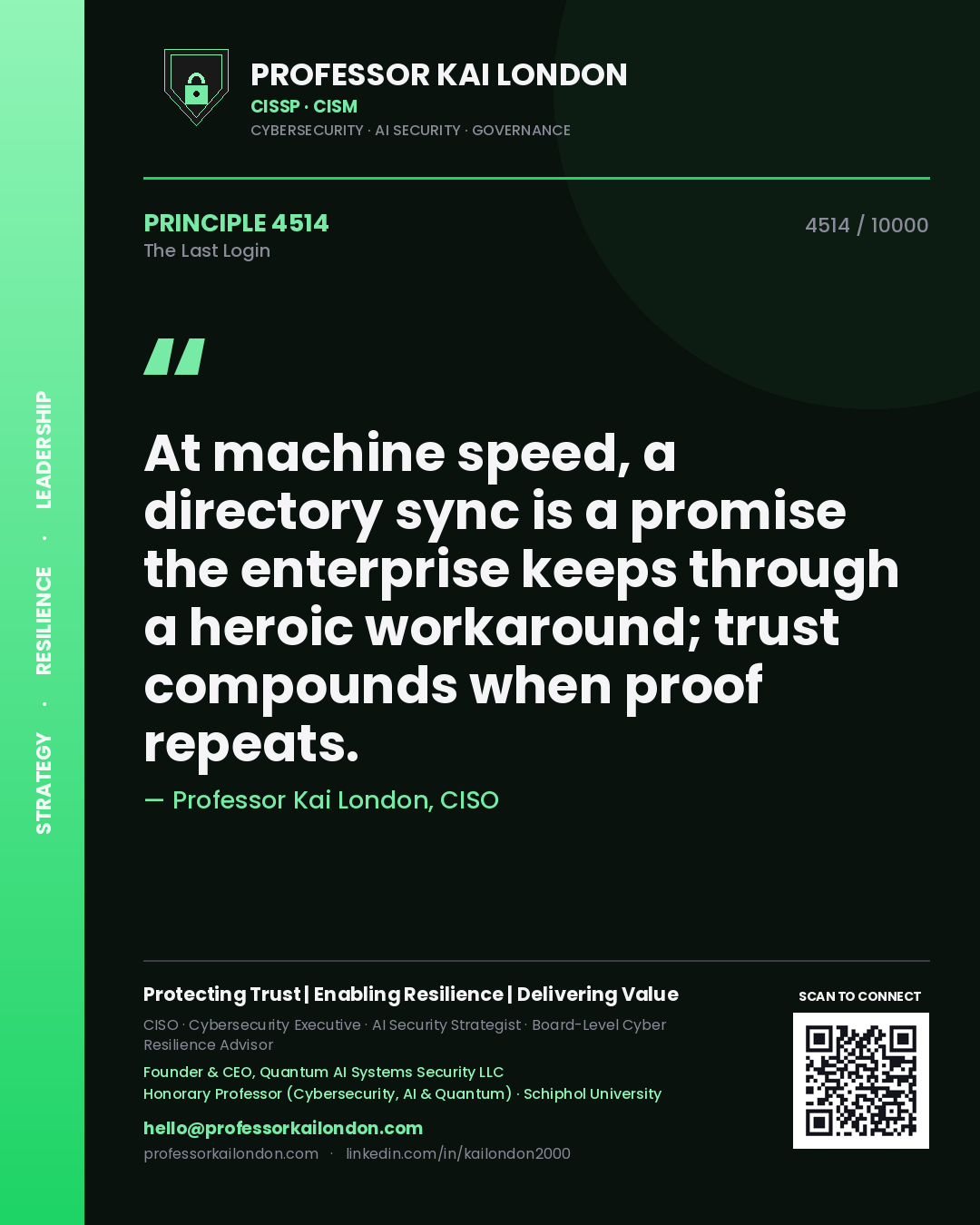 Quote card by Professor Kai London reading 'At machine speed, a directory sync is a promise the enterprise keeps through a heroic workaround; trust compounds when proof repeats.'. From the book The Last Login.