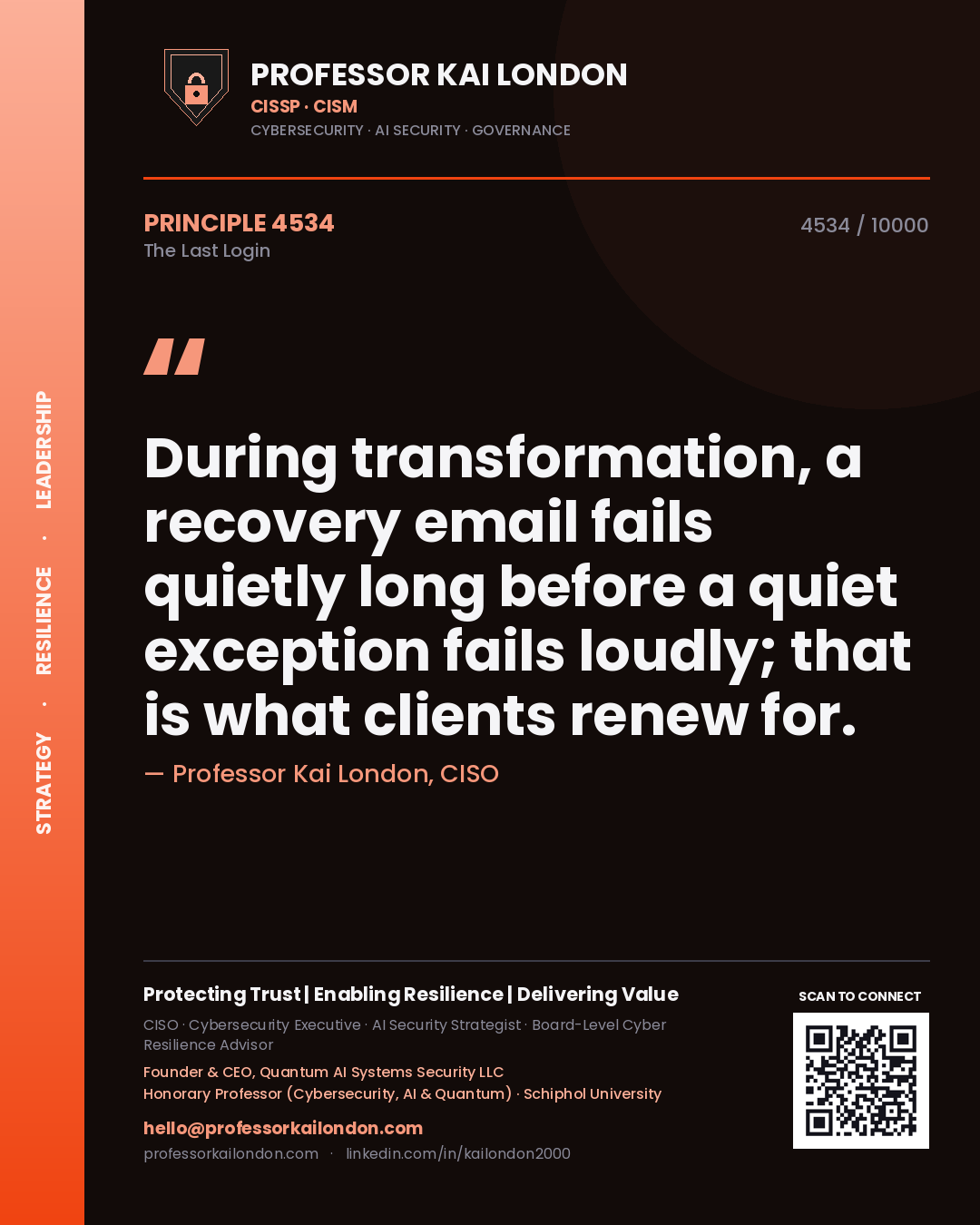 Professor Kai London principle 4534: During transformation, a recovery email fails quietly long before a quiet exception fails loudly; that is what clients renew for.