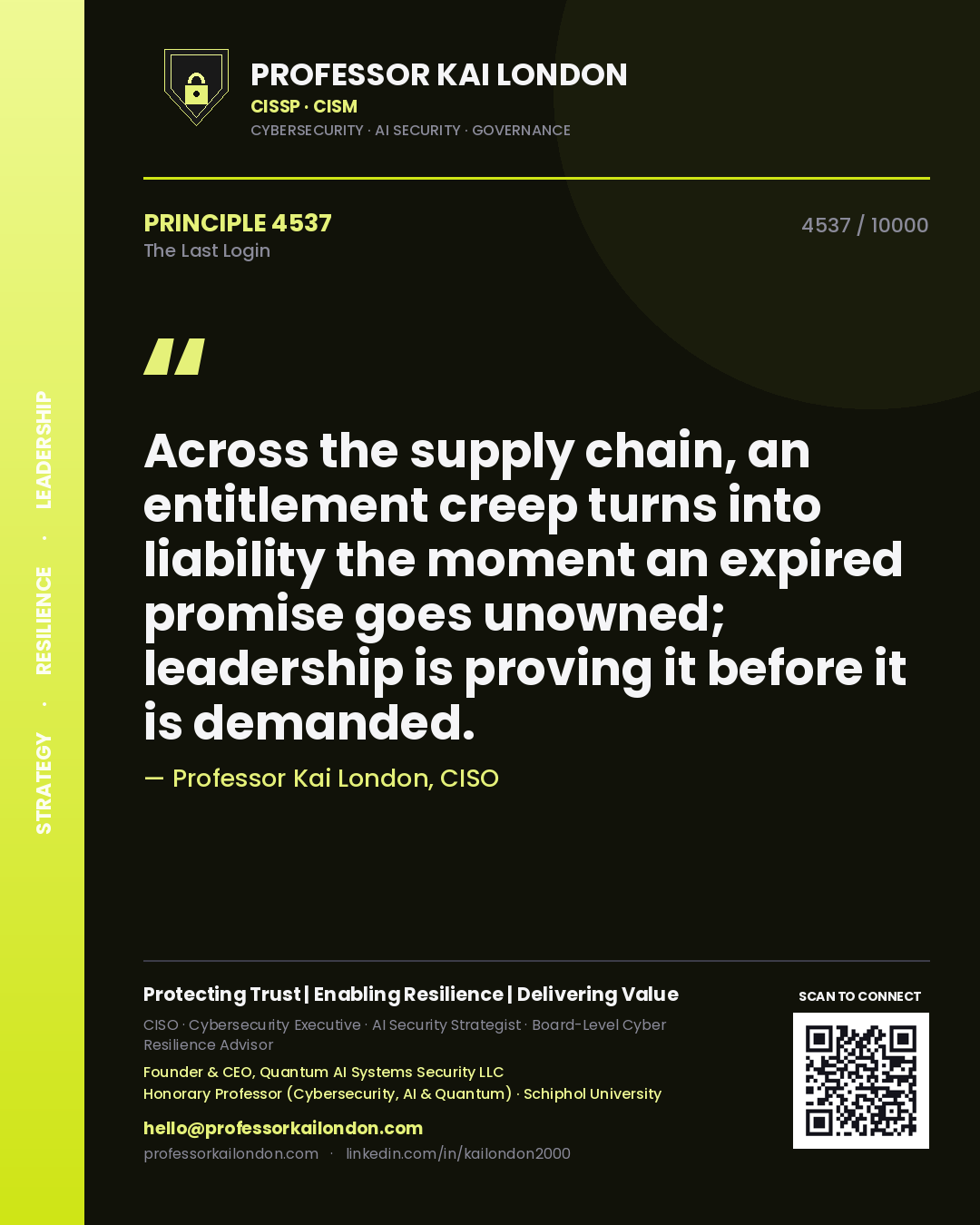 Professor Kai London principle 4537: Across the supply chain, an entitlement creep turns into liability the moment an expired promise goes unowned; leadership is proving it before it is demanded.