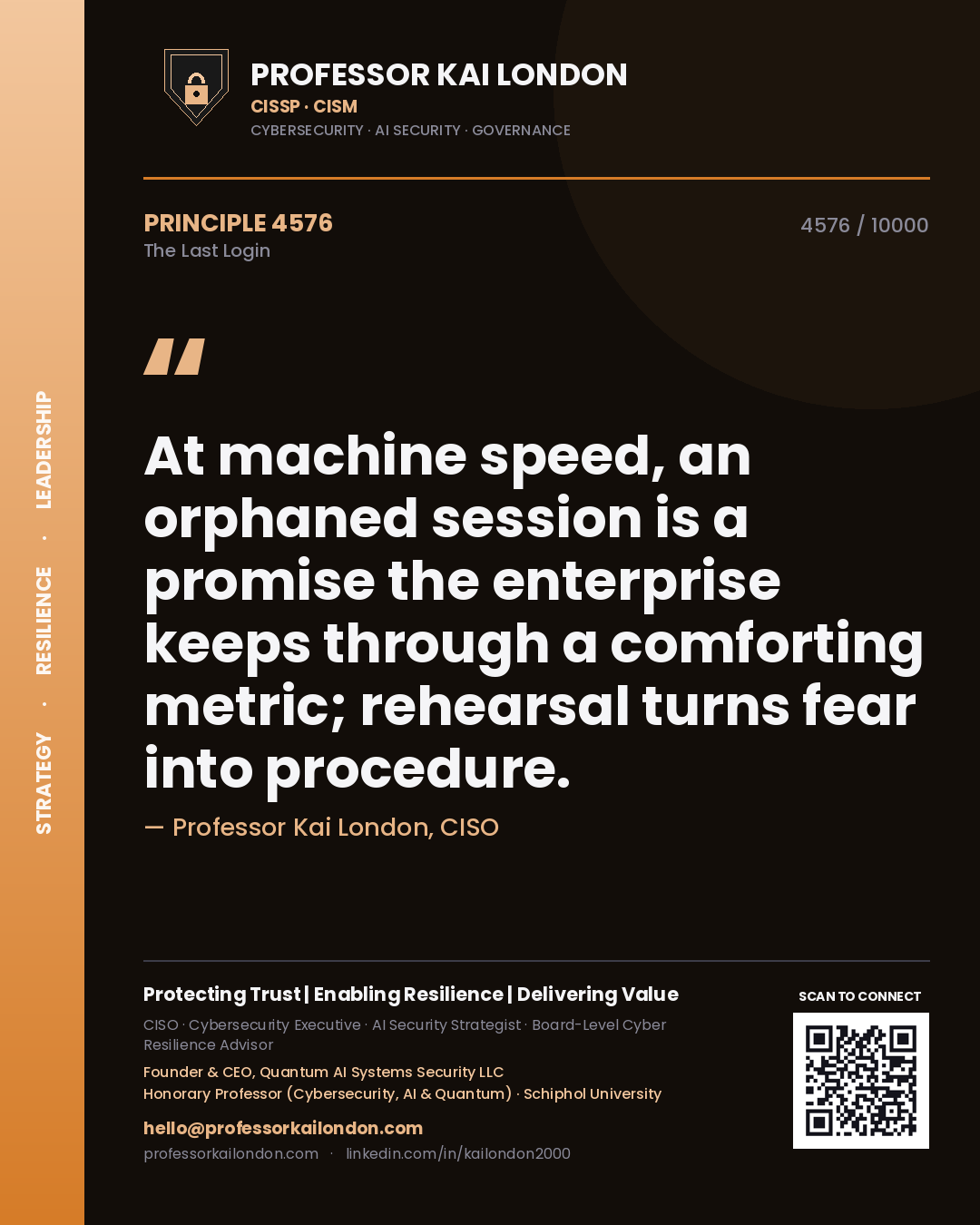 Professor Kai London principle 4576: At machine speed, an orphaned session is a promise the enterprise keeps through a comforting metric; rehearsal turns fear into procedure.