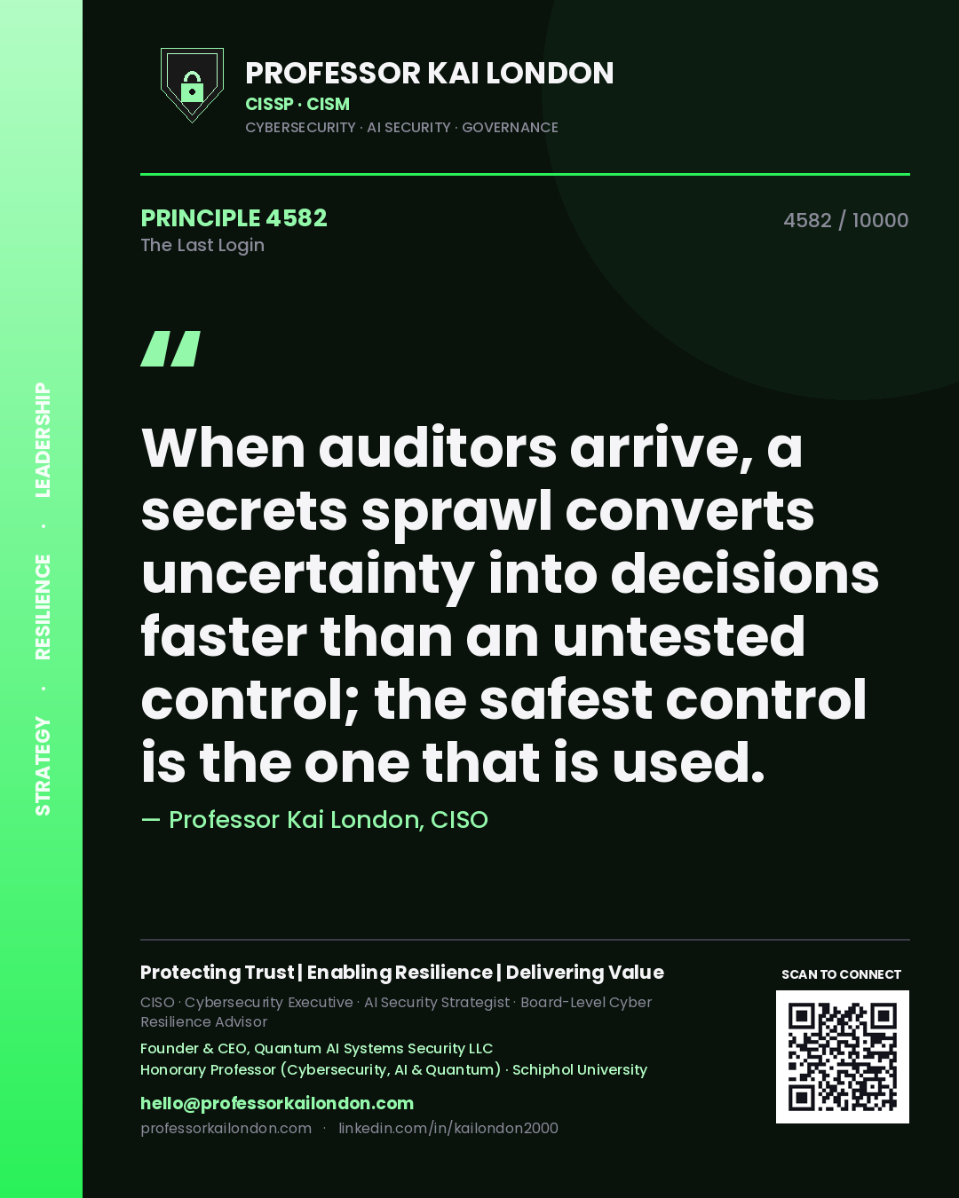 Quote card by Professor Kai London reading 'When auditors arrive, a secrets sprawl converts uncertainty into decisions faster than an untested control; the safest control is the one that is used.'. From the book The Last Login.
