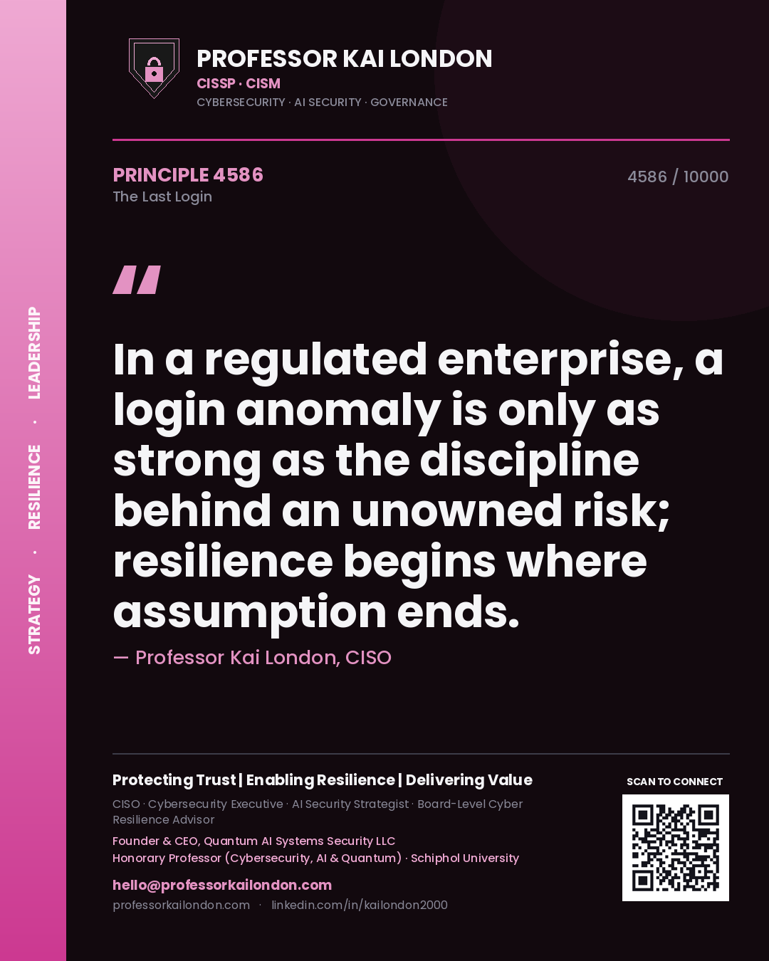 Professor Kai London principle 4586: In a regulated enterprise, a login anomaly is only as strong as the discipline behind an unowned risk; resilience begins where assumption ends.