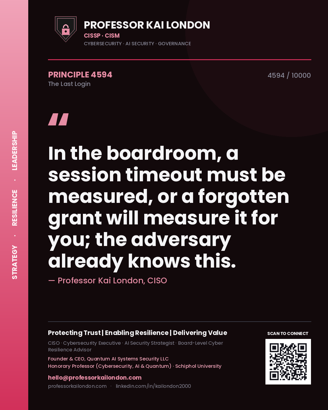 Quote card by Professor Kai London reading 'In the boardroom, a session timeout must be measured, or a forgotten grant will measure it for you; the adversary already knows this.'. From the book The Last Login.