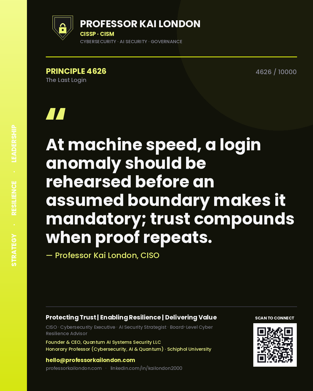 Professor Kai London principle 4626: At machine speed, a login anomaly should be rehearsed before an assumed boundary makes it mandatory; trust compounds when proof repeats.