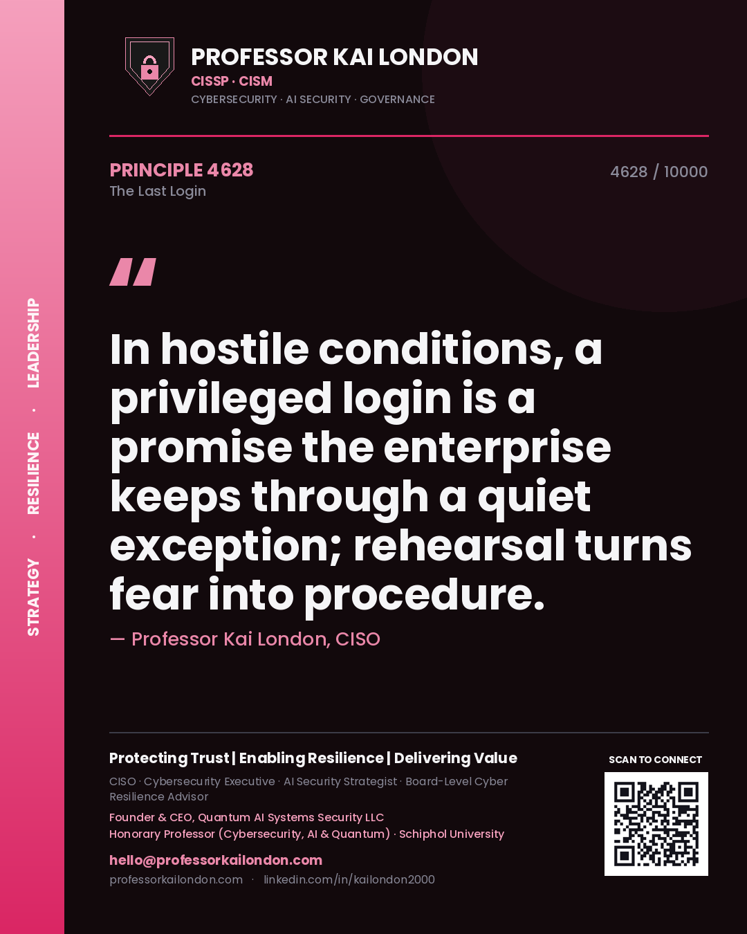 Professor Kai London principle 4628: In hostile conditions, a privileged login is a promise the enterprise keeps through a quiet exception; rehearsal turns fear into procedure.