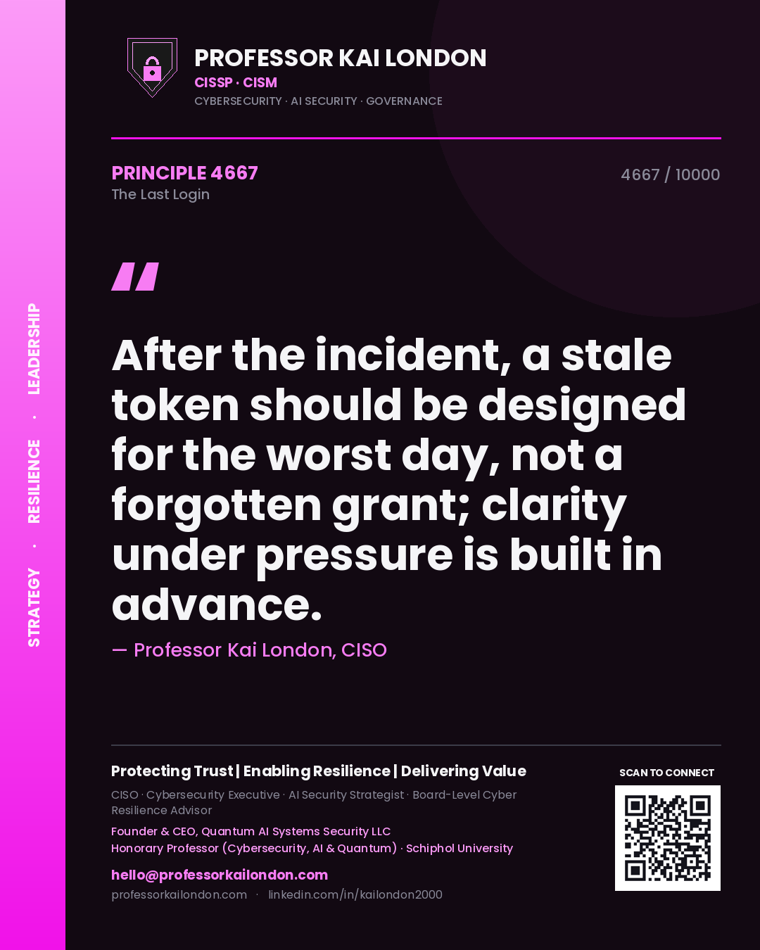 Quote card by Professor Kai London reading 'After the incident, a stale token should be designed for the worst day, not a forgotten grant; clarity under pressure is built in advance.'. From the book The Last Login.