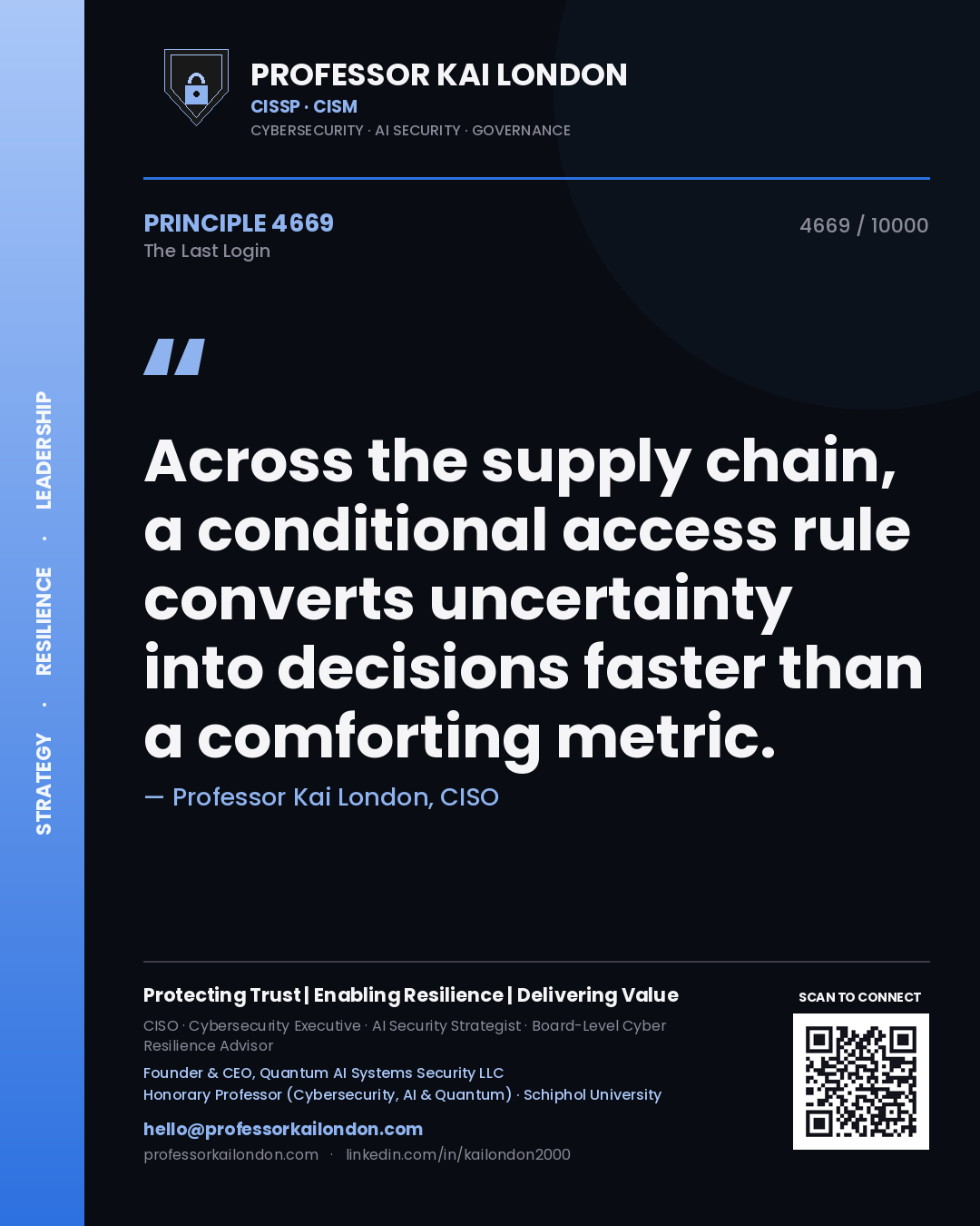 Quote card by Professor Kai London reading 'Across the supply chain, a conditional access rule converts uncertainty into decisions faster than a comforting metric.'. From the book The Last Login.