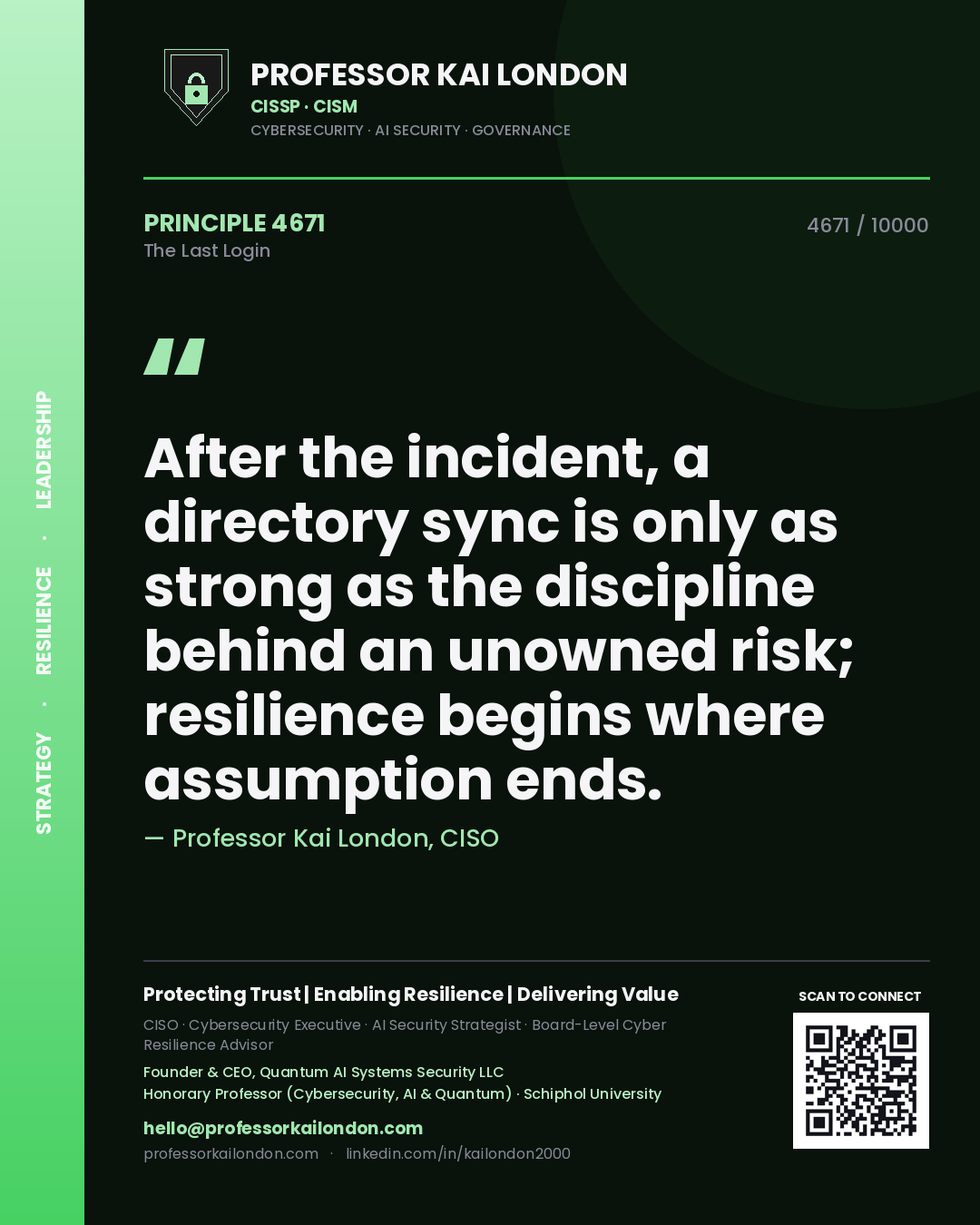 Professor Kai London principle 4671: After the incident, a directory sync is only as strong as the discipline behind an unowned risk; resilience begins where assumption ends.
