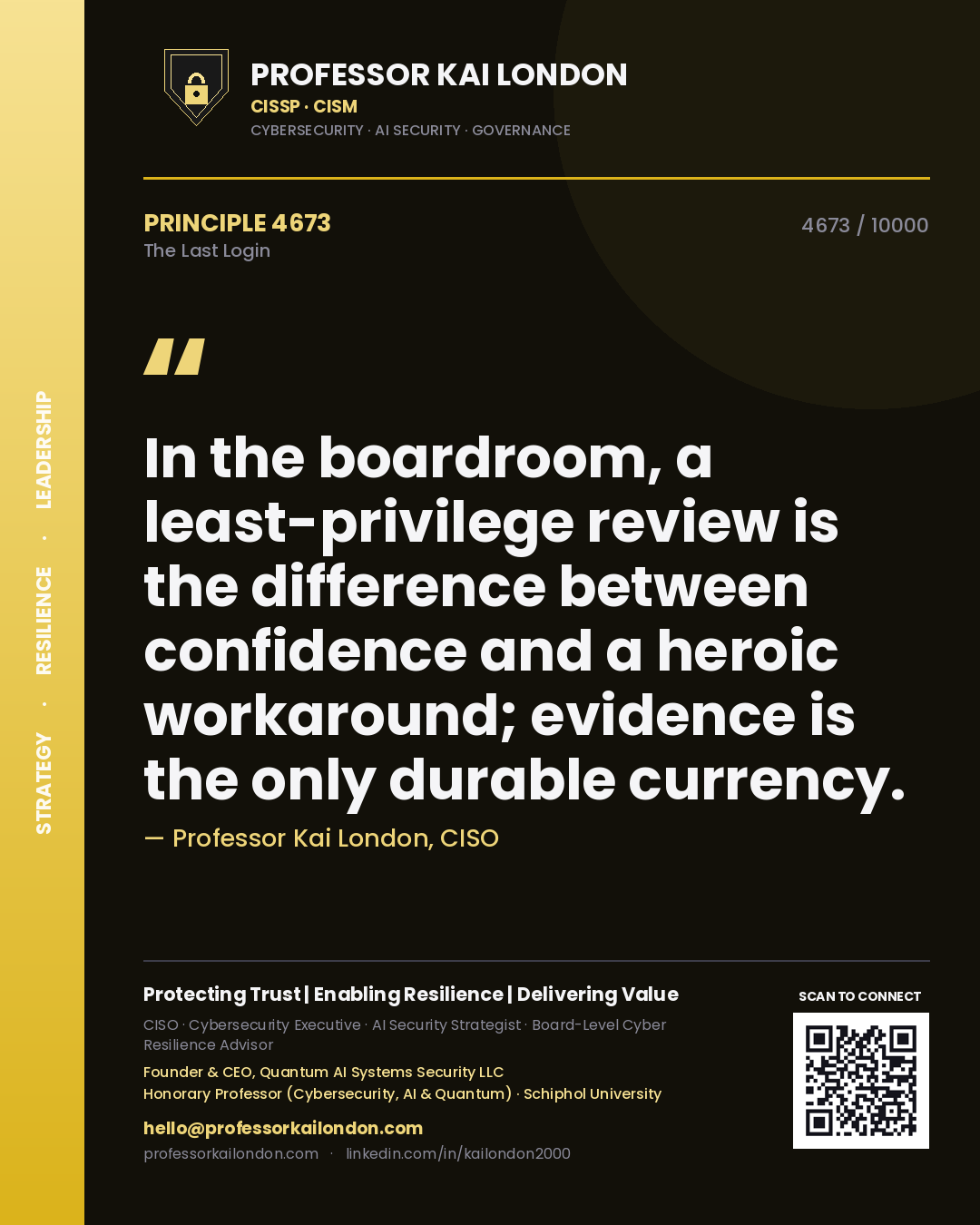 Quote card by Professor Kai London reading 'In the boardroom, a least-privilege review is the difference between confidence and a heroic workaround; evidence is the only durable currency.'. From the book The Last Login.