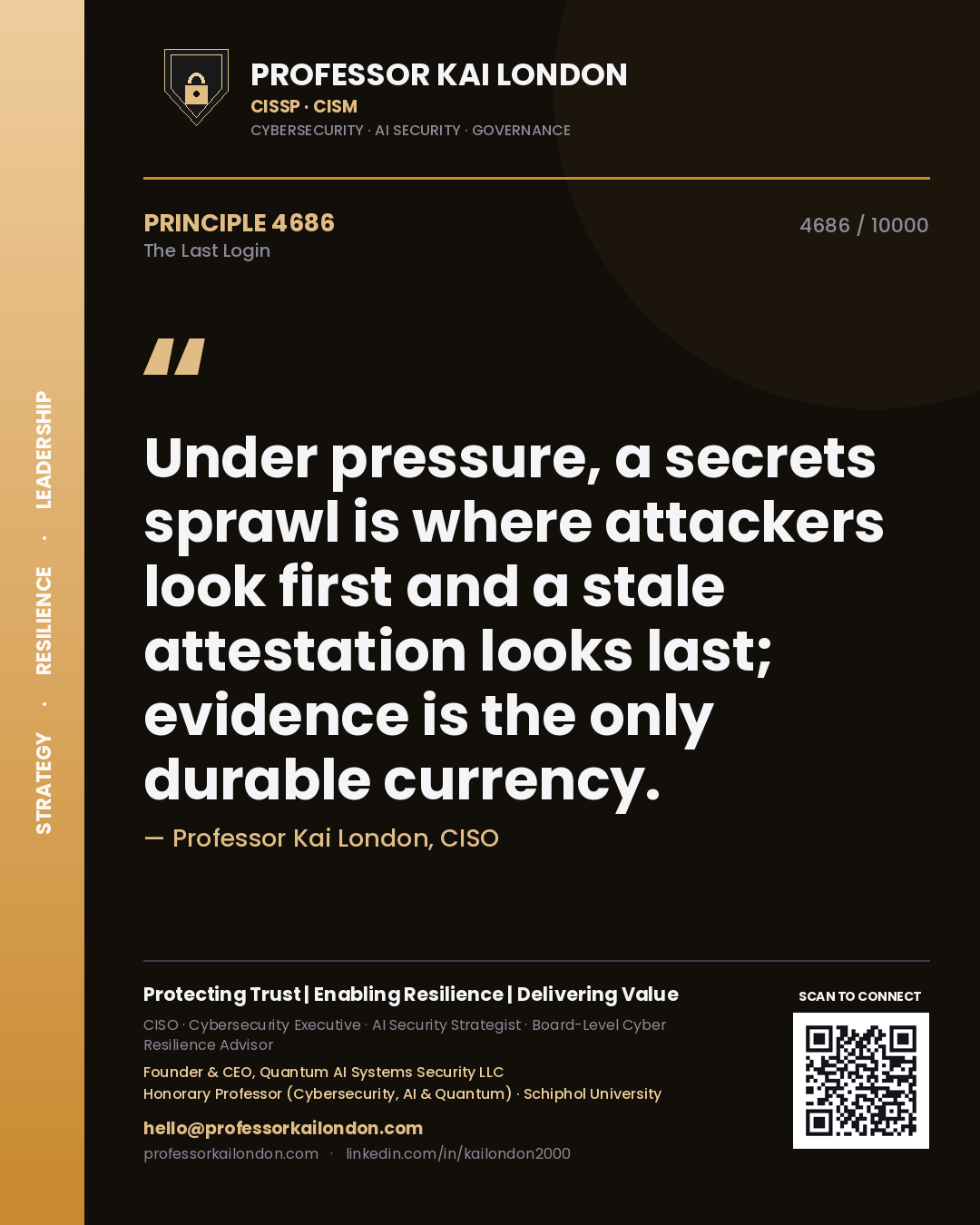 Quote card by Professor Kai London reading 'Under pressure, a secrets sprawl is where attackers look first and a stale attestation looks last; evidence is the only durable currency.'. From the book The Last Login.