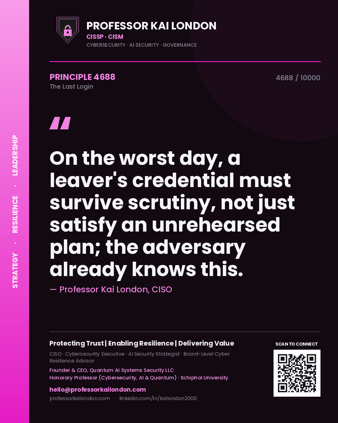 Quote card by Professor Kai London reading 'On the worst day, a leaver's credential must survive scrutiny, not just satisfy an unrehearsed plan; the adversary already knows this.'. From the book The Last Login.