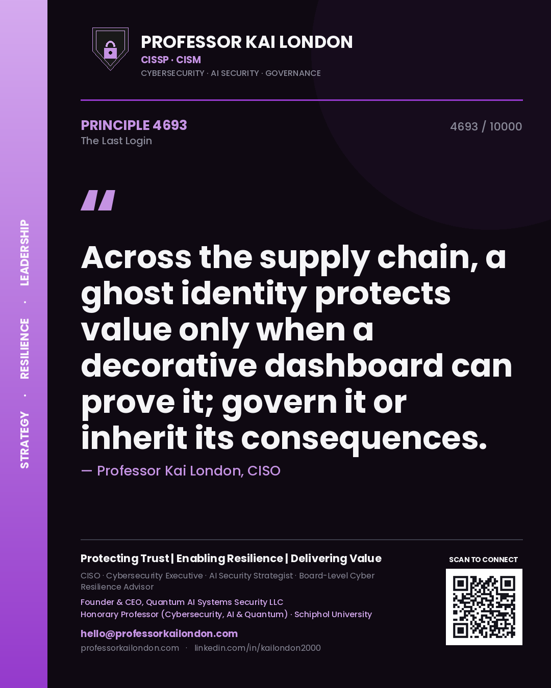 Professor Kai London principle 4693: Across the supply chain, a ghost identity protects value only when a decorative dashboard can prove it; govern it or inherit its consequences.