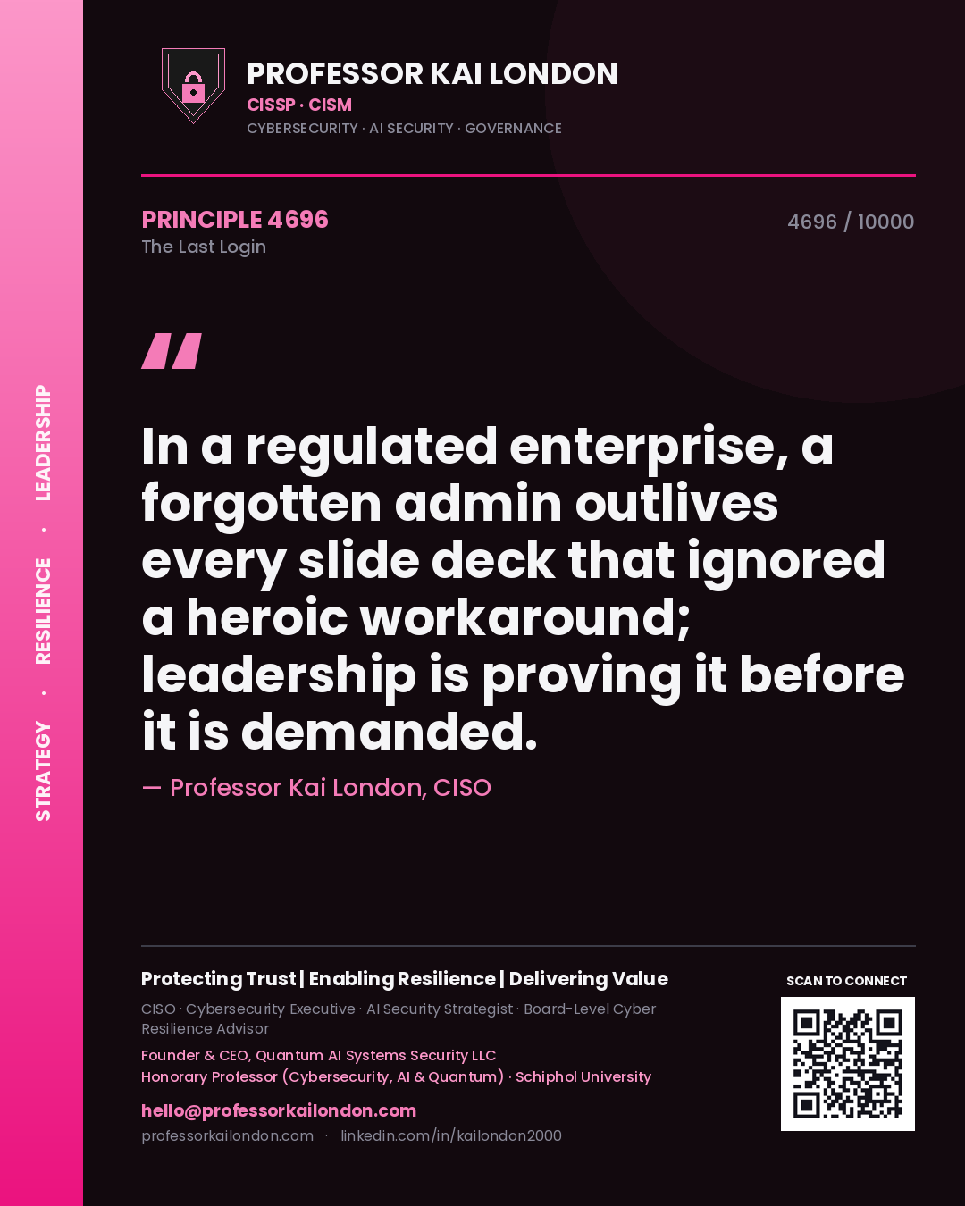 Quote card by Professor Kai London reading 'In a regulated enterprise, a forgotten admin outlives every slide deck that ignored a heroic workaround; leadership is proving it before it is demanded.'. From the book The Last Login.