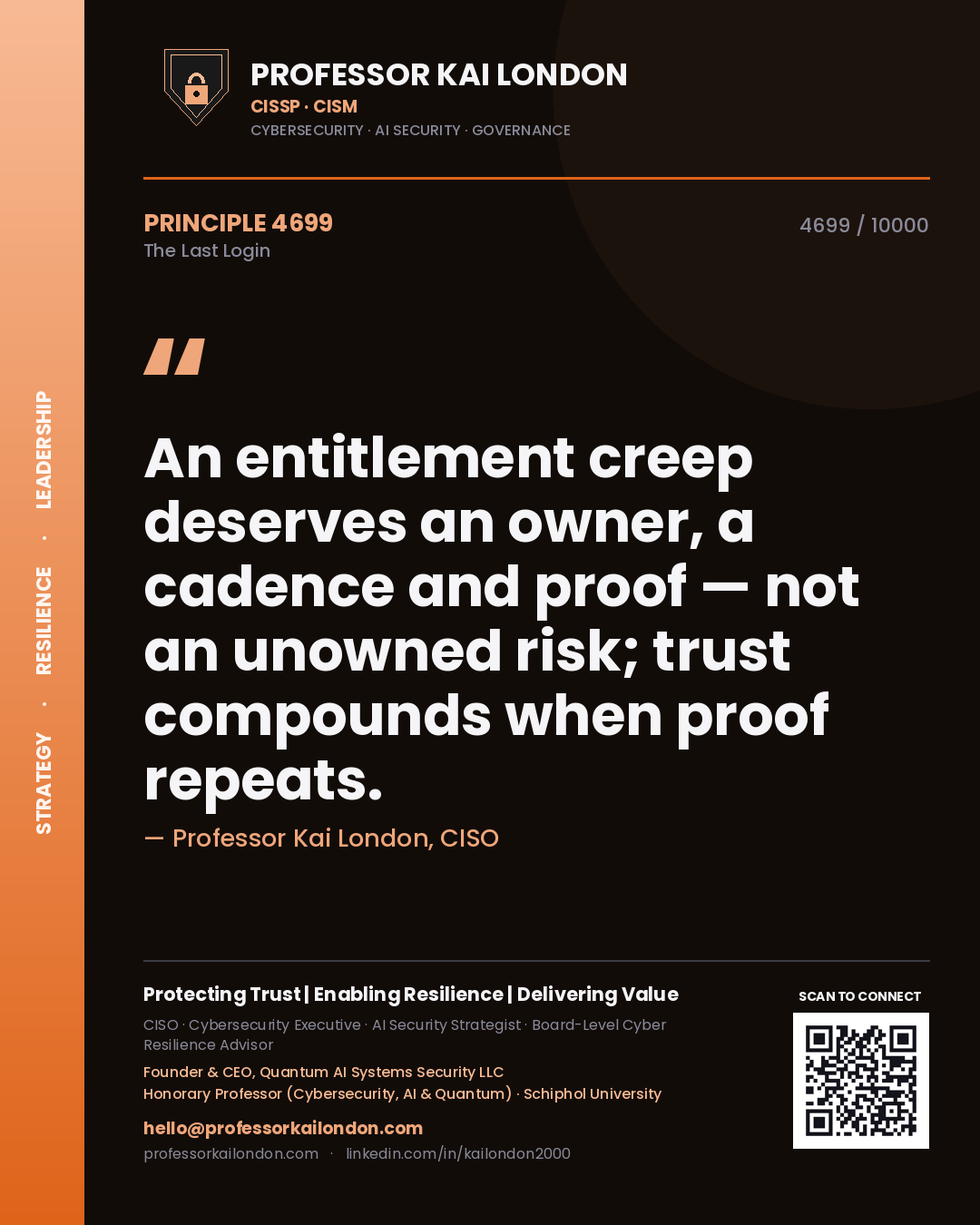 Professor Kai London principle 4699: An entitlement creep deserves an owner, a cadence and proof — not an unowned risk; trust compounds when proof repeats.