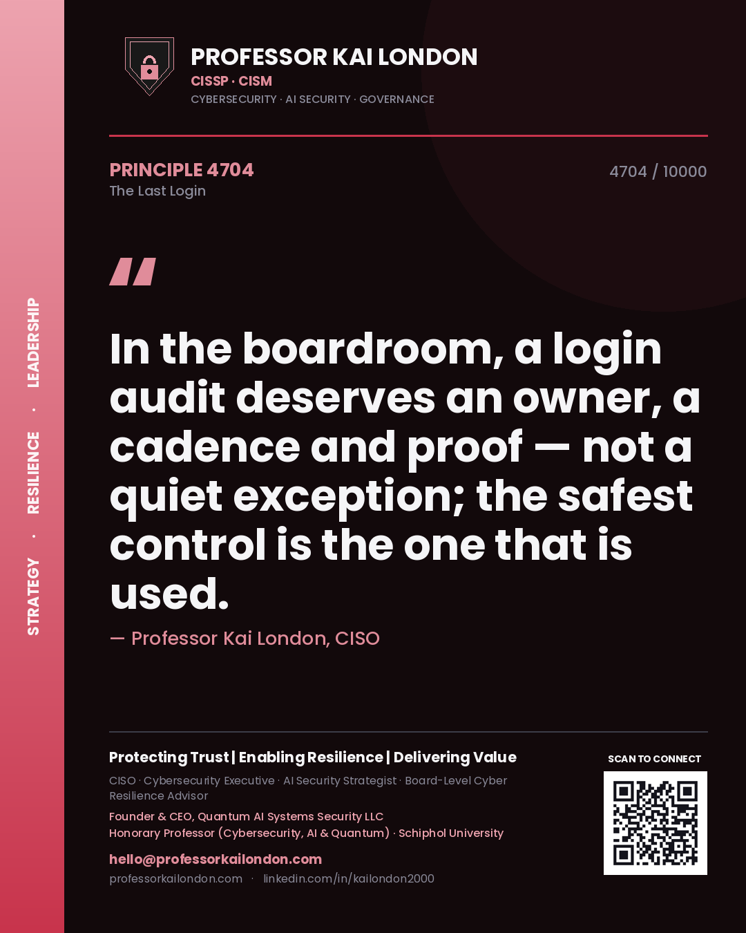 Professor Kai London principle 4704: In the boardroom, a login audit deserves an owner, a cadence and proof — not a quiet exception; the safest control is the one that is used.