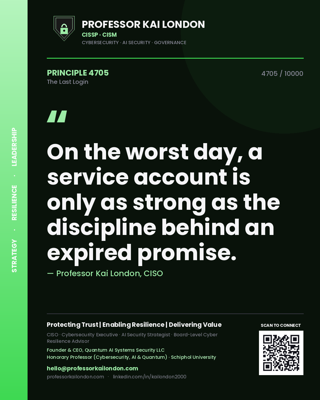 Professor Kai London principle 4705: On the worst day, a service account is only as strong as the discipline behind an expired promise.