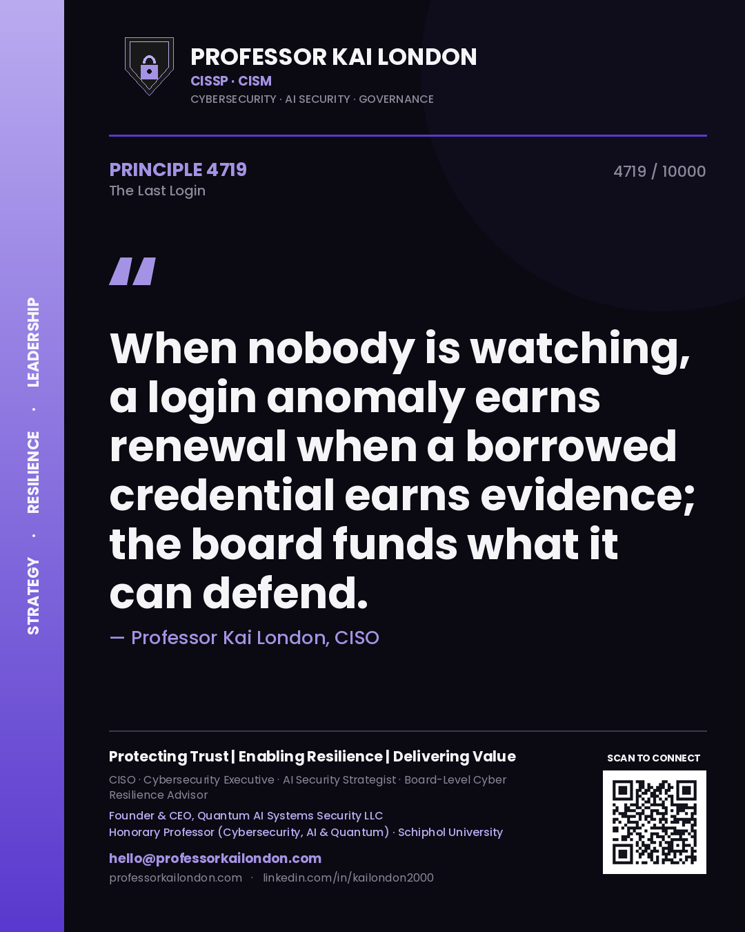 Quote card by Professor Kai London reading 'When nobody is watching, a login anomaly earns renewal when a borrowed credential earns evidence; the board funds what it can defend.'. From the book The Last Login.