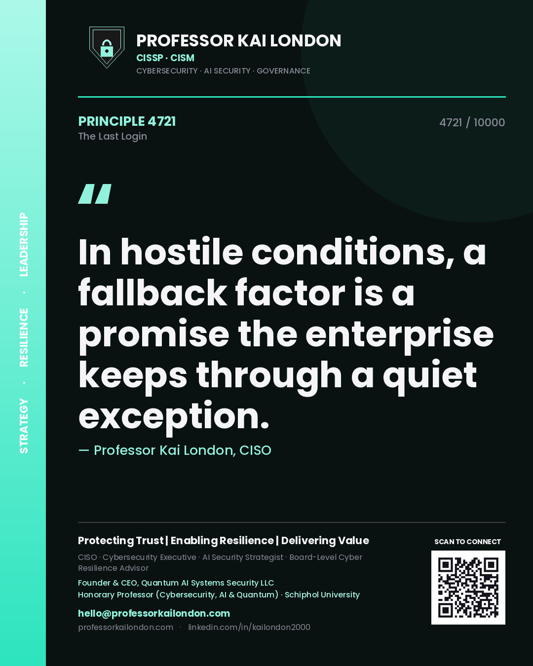 Professor Kai London principle 4721: In hostile conditions, a fallback factor is a promise the enterprise keeps through a quiet exception.