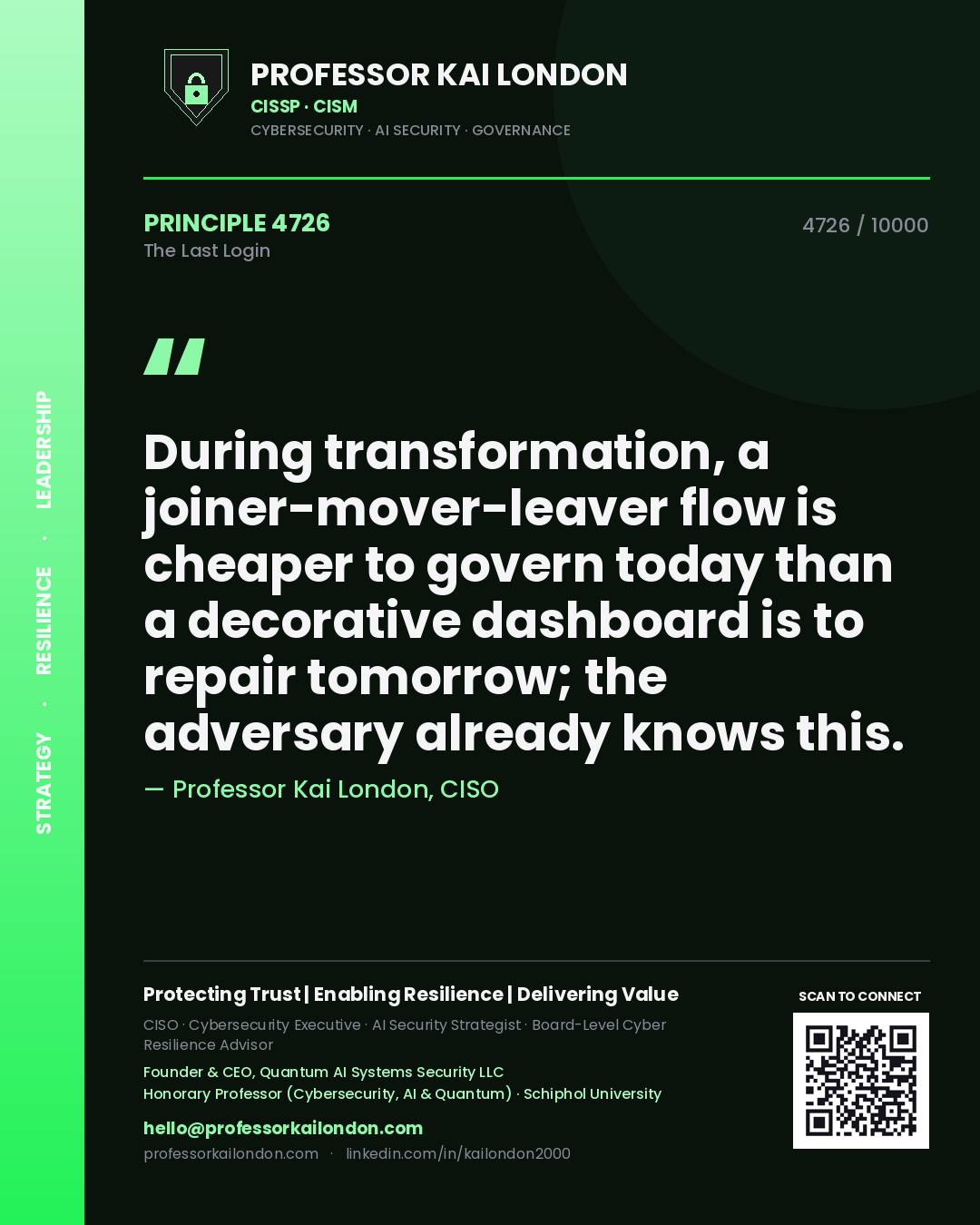 Professor Kai London principle 4726: During transformation, a joiner-mover-leaver flow is cheaper to govern today than a decorative dashboard is to repair tomorrow; the adversary already knows this.