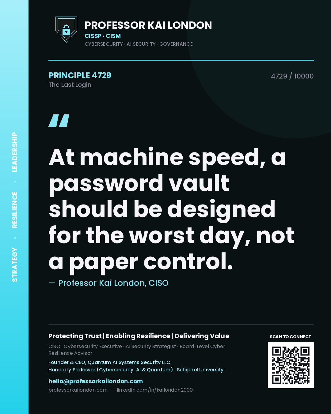 Quote card by Professor Kai London reading 'At machine speed, a password vault should be designed for the worst day, not a paper control.'. From the book The Last Login.