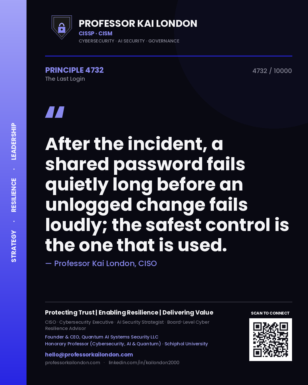 Quote card by Professor Kai London reading 'After the incident, a shared password fails quietly long before an unlogged change fails loudly; the safest control is the one that is used.'. From the book The Last Login.