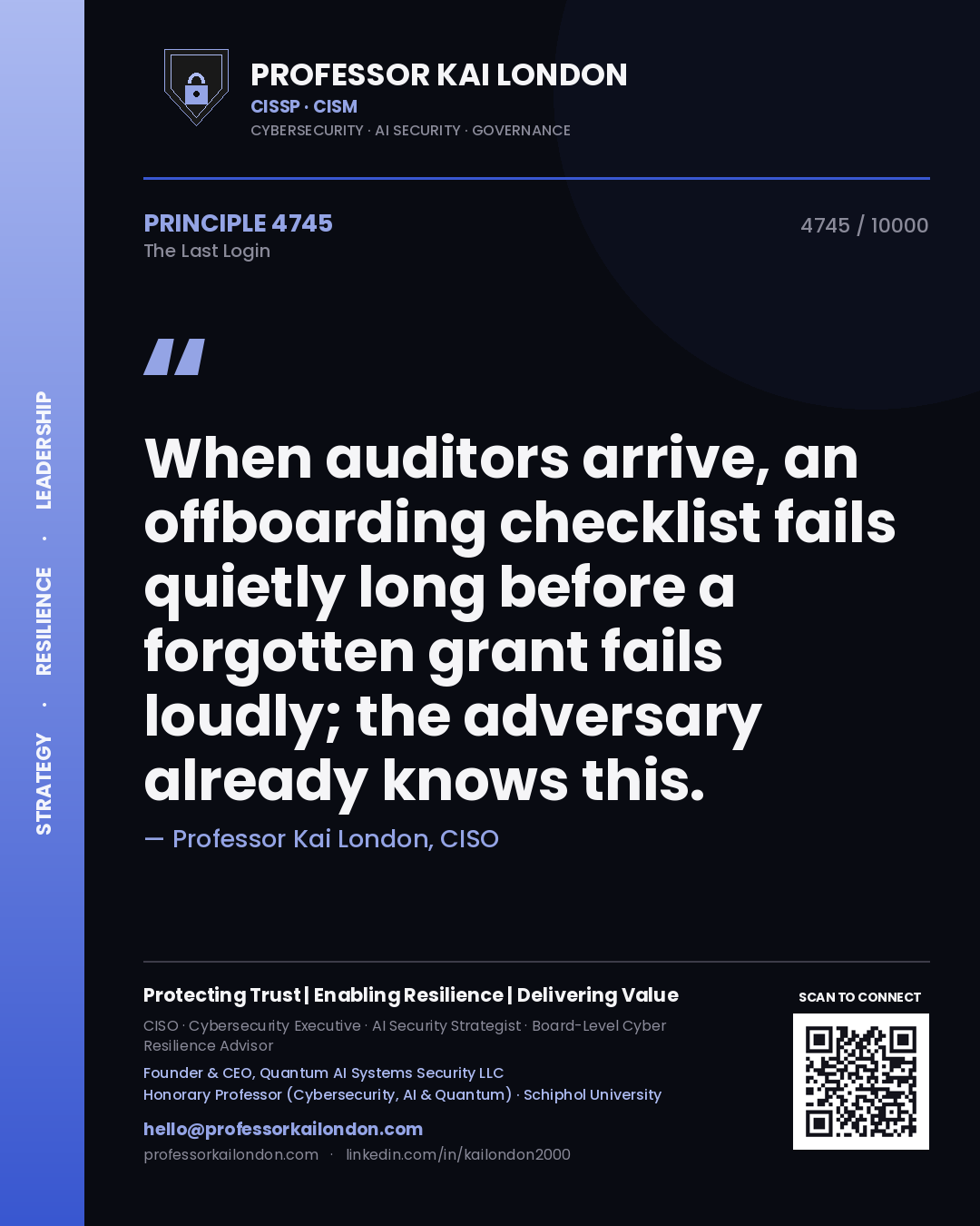 Quote card by Professor Kai London reading 'When auditors arrive, an offboarding checklist fails quietly long before a forgotten grant fails loudly; the adversary already knows this.'. From the book The Last Login.