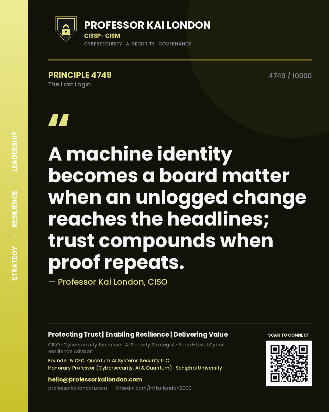 Quote card by Professor Kai London reading 'A machine identity becomes a board matter when an unlogged change reaches the headlines; trust compounds when proof repeats.'. From the book The Last Login.