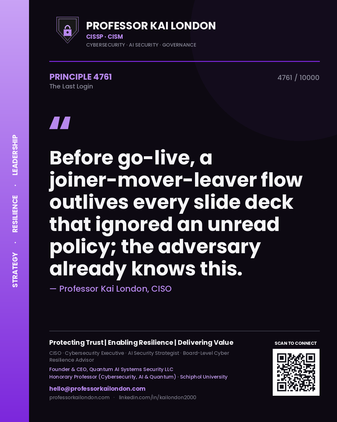 Professor Kai London principle 4761: Before go-live, a joiner-mover-leaver flow outlives every slide deck that ignored an unread policy; the adversary already knows this.