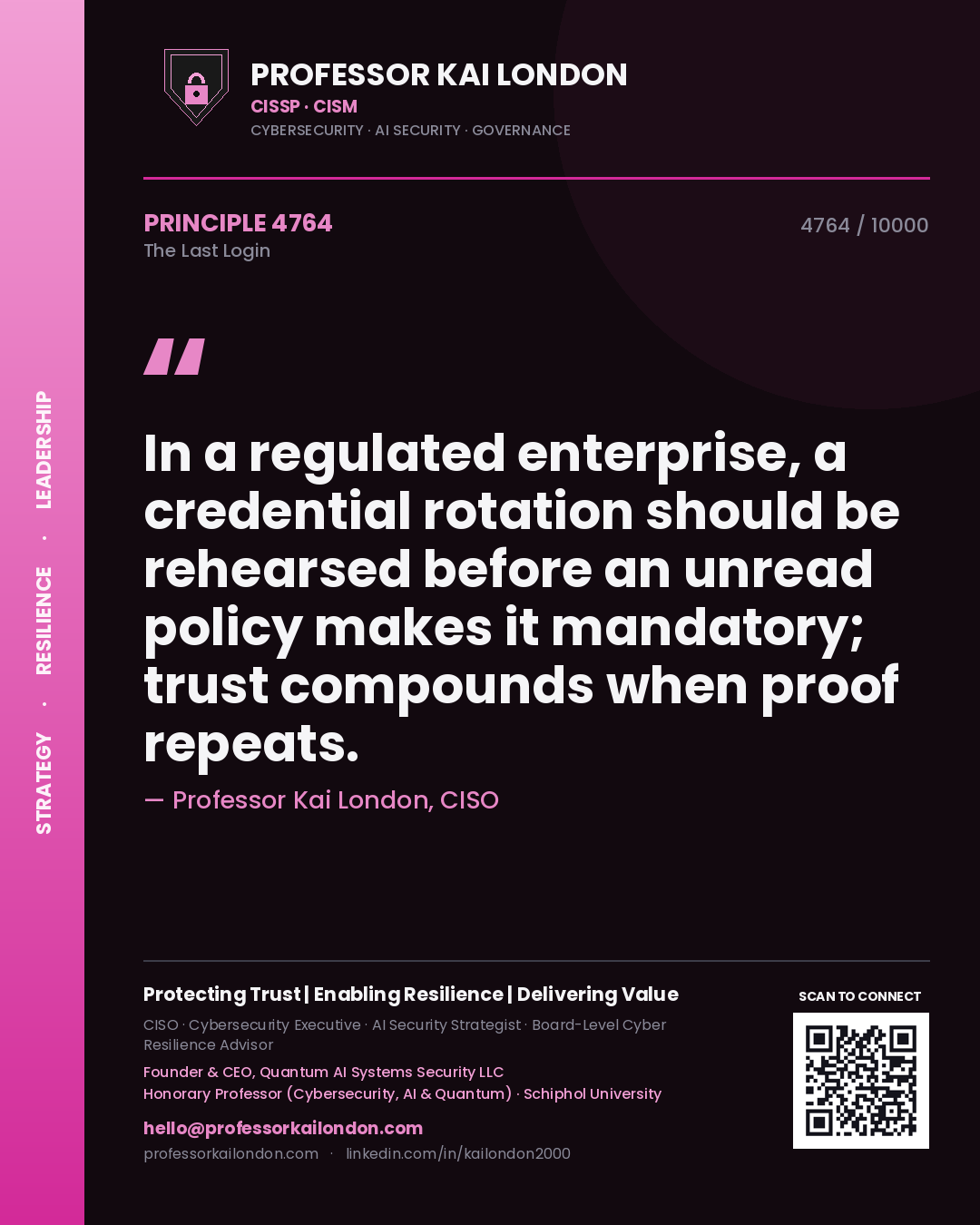 Professor Kai London principle 4764: In a regulated enterprise, a credential rotation should be rehearsed before an unread policy makes it mandatory; trust compounds when proof repeats.