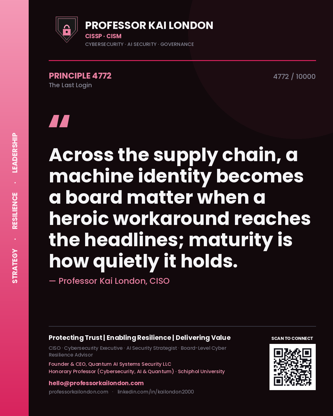 Quote card by Professor Kai London reading 'Across the supply chain, a machine identity becomes a board matter when a heroic workaround reaches the headlines; maturity is how quietly it holds.'. From the book The Last Login.