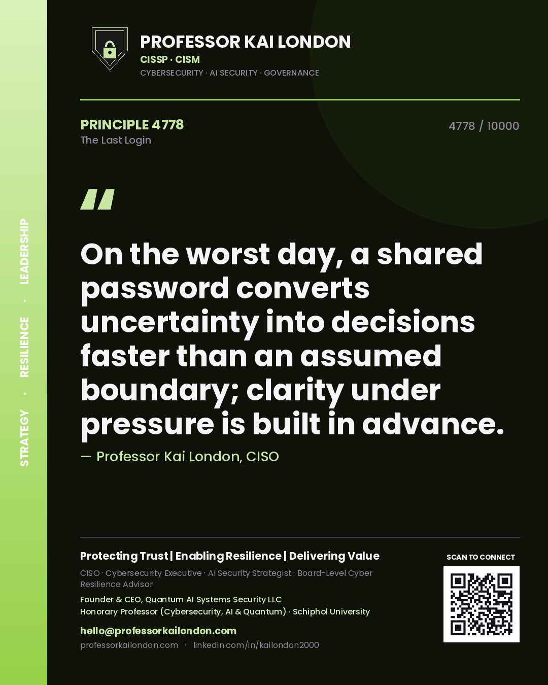 Quote card by Professor Kai London reading 'On the worst day, a shared password converts uncertainty into decisions faster than an assumed boundary; clarity under pressure is built in advance.'. From the book The Last Login.