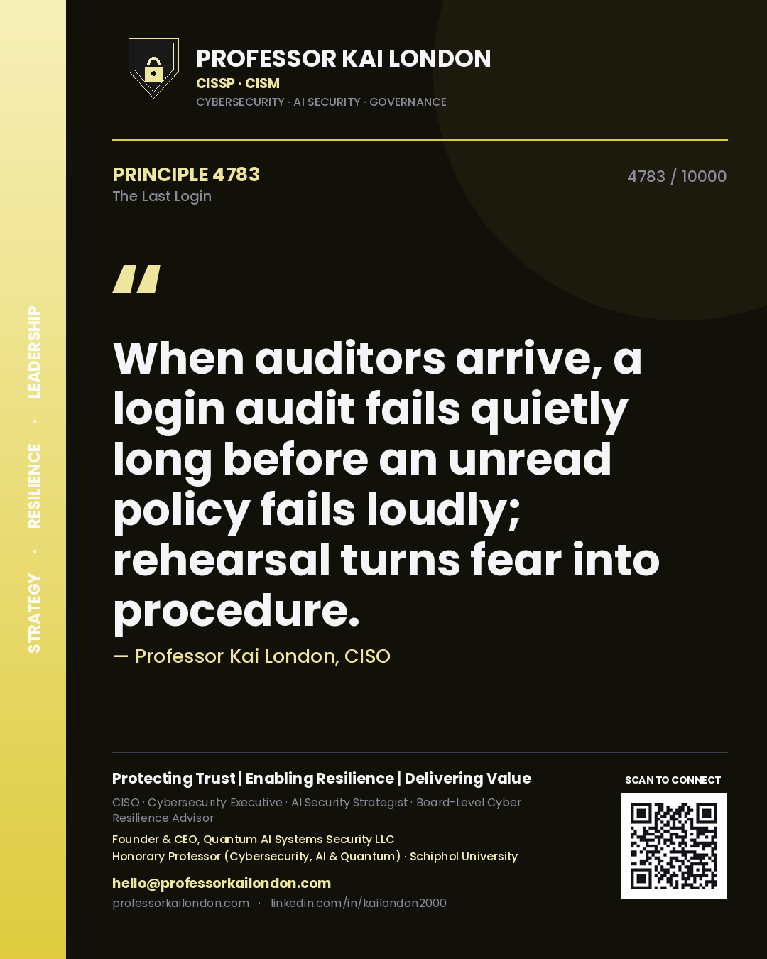 Professor Kai London principle 4783: When auditors arrive, a login audit fails quietly long before an unread policy fails loudly; rehearsal turns fear into procedure.