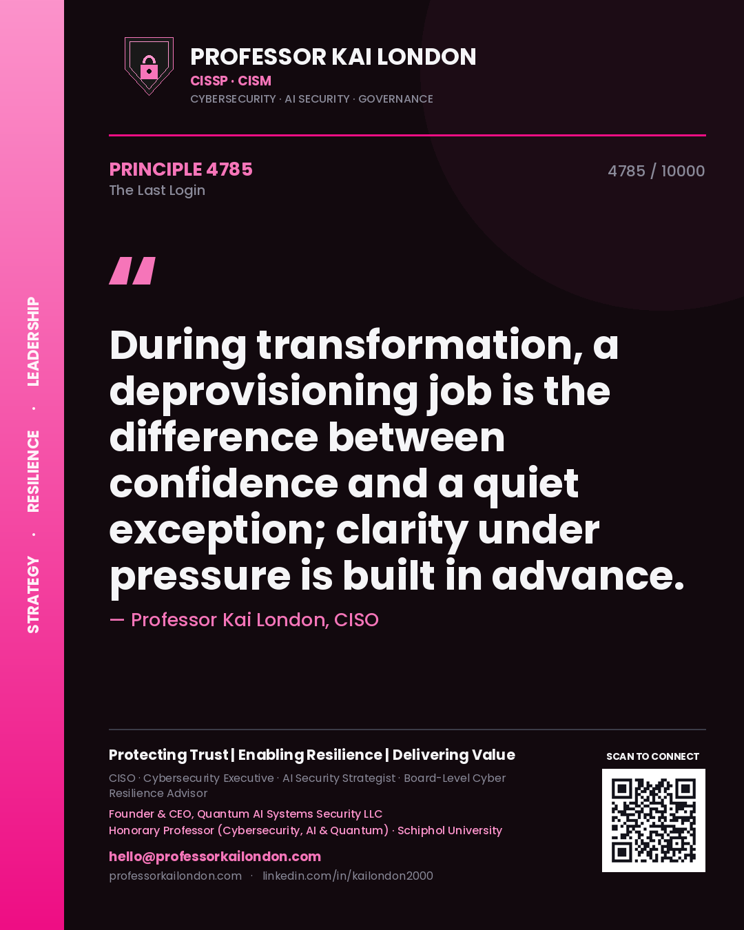 Quote card by Professor Kai London reading 'During transformation, a deprovisioning job is the difference between confidence and a quiet exception; clarity under pressure is built in advance.'. From the book The Last Login.