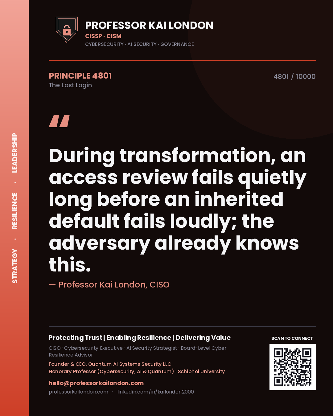 Professor Kai London principle 4801: During transformation, an access review fails quietly long before an inherited default fails loudly; the adversary already knows this.