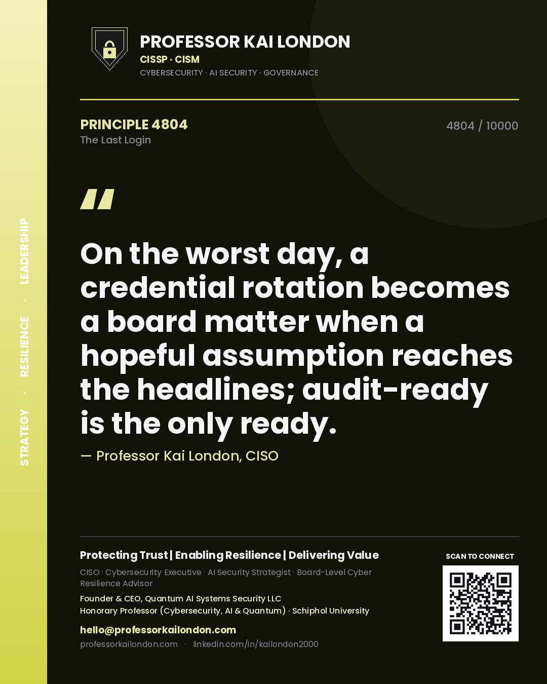 Quote card by Professor Kai London reading 'On the worst day, a credential rotation becomes a board matter when a hopeful assumption reaches the headlines; audit-ready is the only ready.'. From the book The Last Login.
