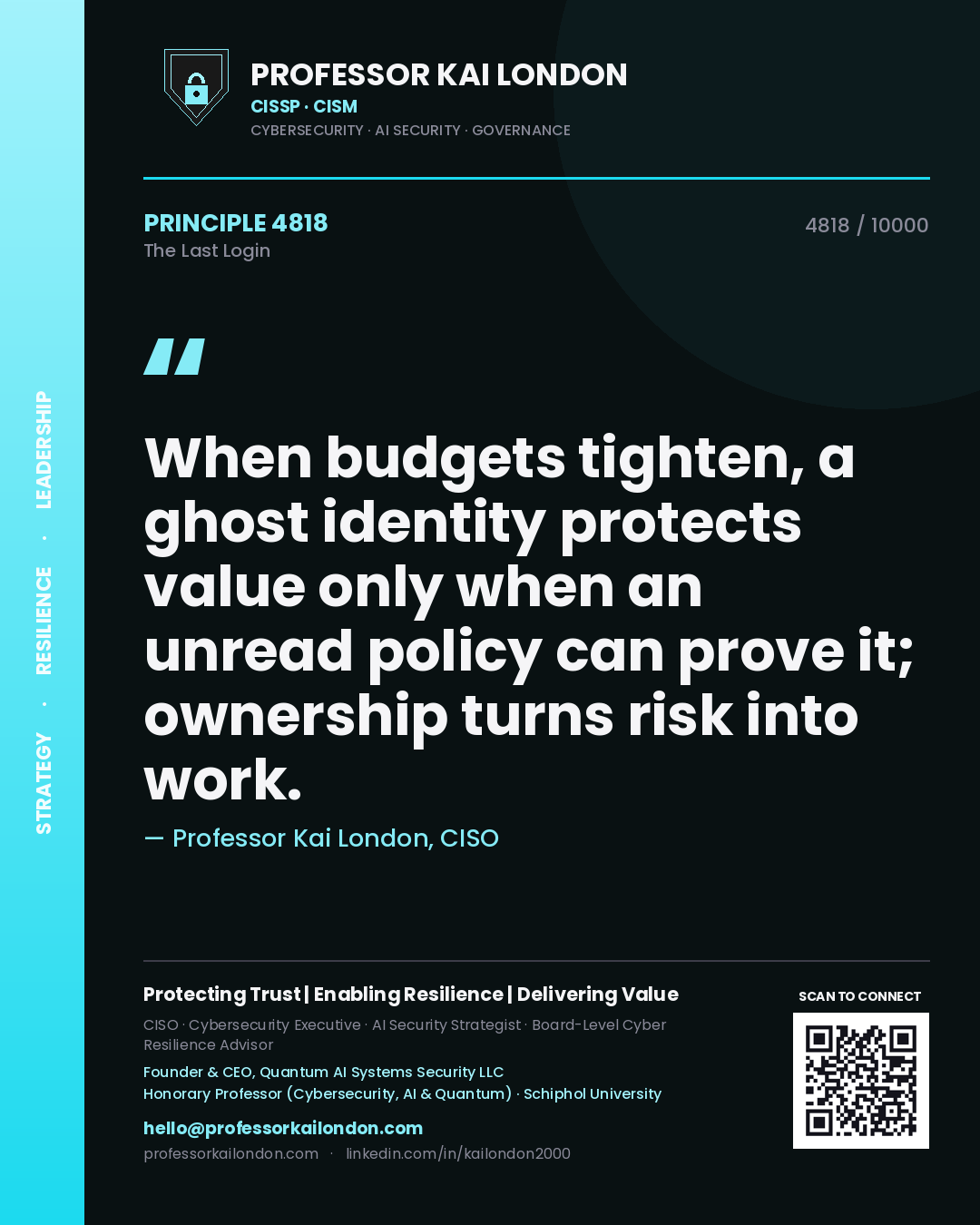 Professor Kai London principle 4818: When budgets tighten, a ghost identity protects value only when an unread policy can prove it; ownership turns risk into work.