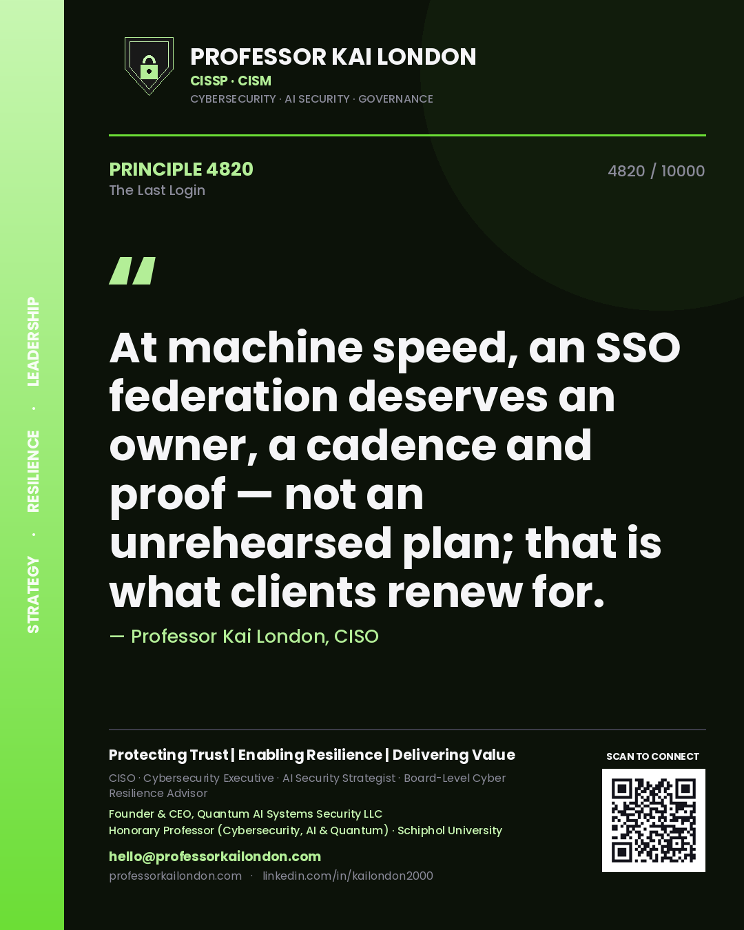 Quote card by Professor Kai London reading 'At machine speed, an SSO federation deserves an owner, a cadence and proof — not an unrehearsed plan; that is what clients renew for.'. From the book The Last Login.
