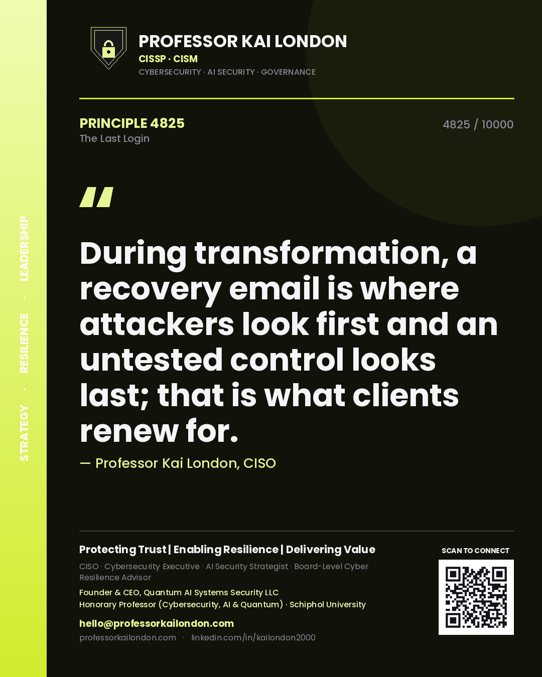 Professor Kai London principle 4825: During transformation, a recovery email is where attackers look first and an untested control looks last; that is what clients renew for.