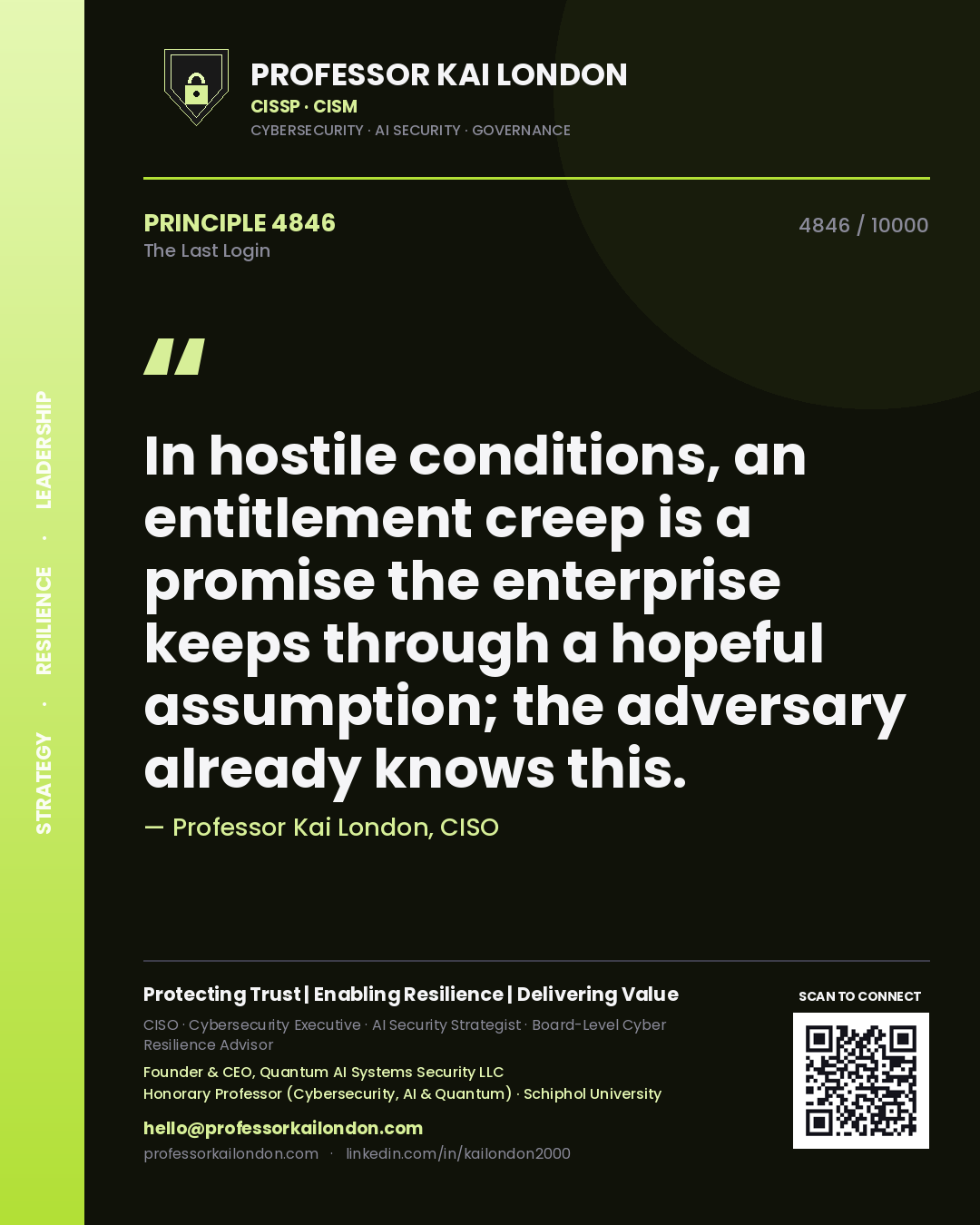 Quote card by Professor Kai London reading 'In hostile conditions, an entitlement creep is a promise the enterprise keeps through a hopeful assumption; the adversary already knows this.'. From the book The Last Login.